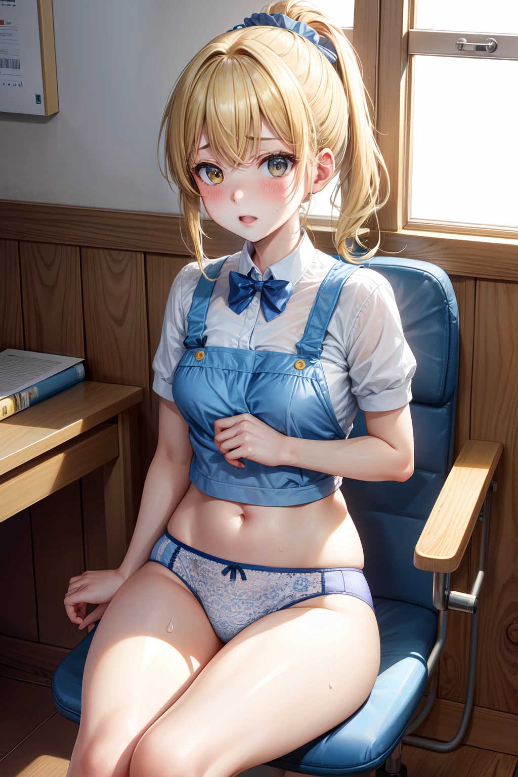 hight resolution, top-quality, ultra-quality, The ultra-detailliert, lighting like a movie、School Infirmary、yellow striped々Girl in patterned underwear、sitting in the chair、small tits、Wearing sweat、full of sweat、open one's legs、Blonde ponytail、Slender Line、