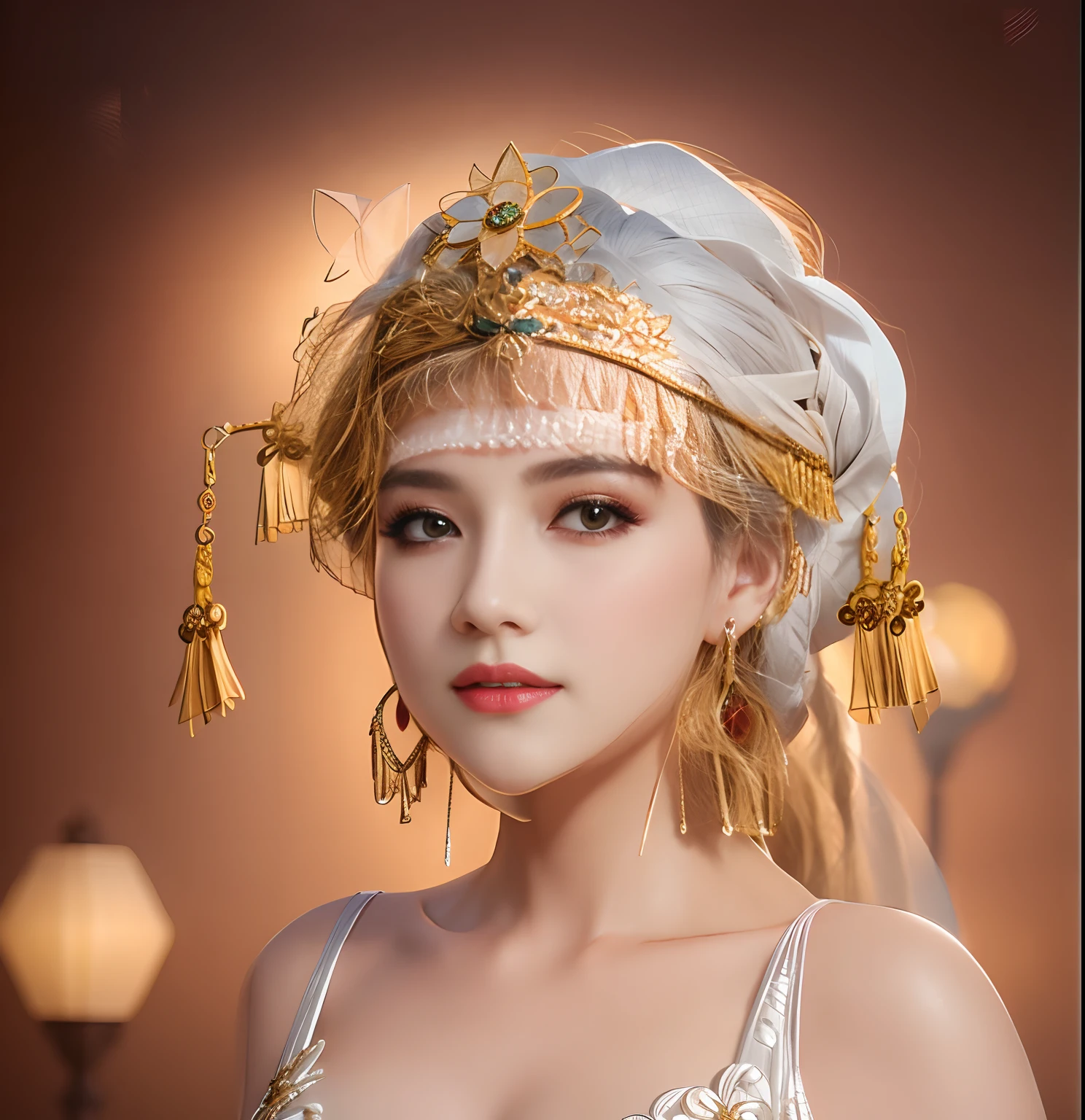 8K,high-definition photography,Photo of a woman wearing a gorgeous headdress and earrings, ornate headdress,Complicated details