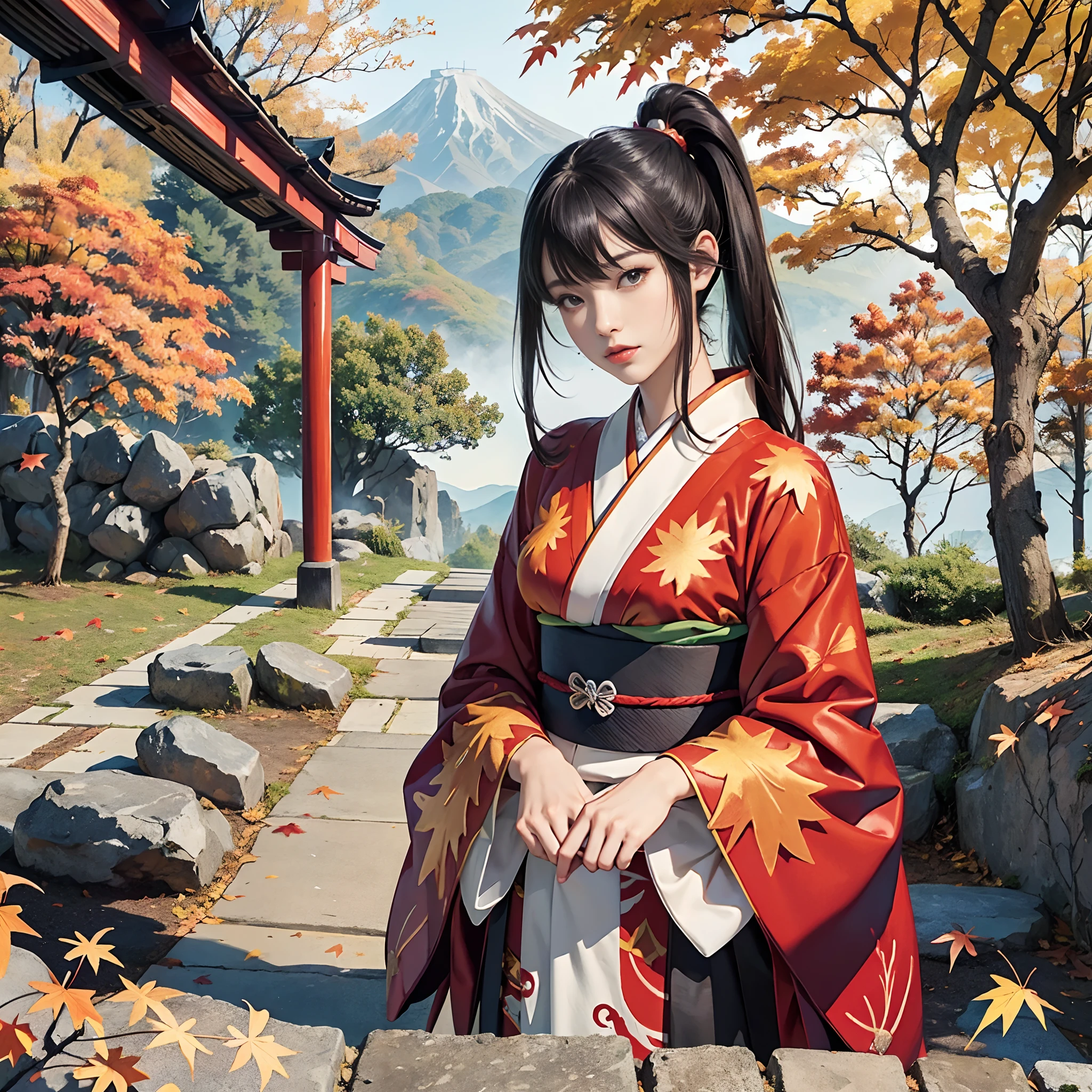 (ロココ調:1.5)Background of details(the morning sun(mountainscape))(Kyoto in Japan(Colored leaves:1.5)),BREAK ,elaborate costume(Luxury kimono(Colorful kimono(detailed embroidery()))),BREAK,1 Beautiful and classy adult woman(Japanese actressl:1.2)(glossy dark hair(poneyTail:1.2))(Arms outstretched),BREAK,Wallpapers 16K,Blur the background,(masutepiece:1.5), (Best Quality:1.5),(Portrait photos:1.5),(full body Esbian:1.5)