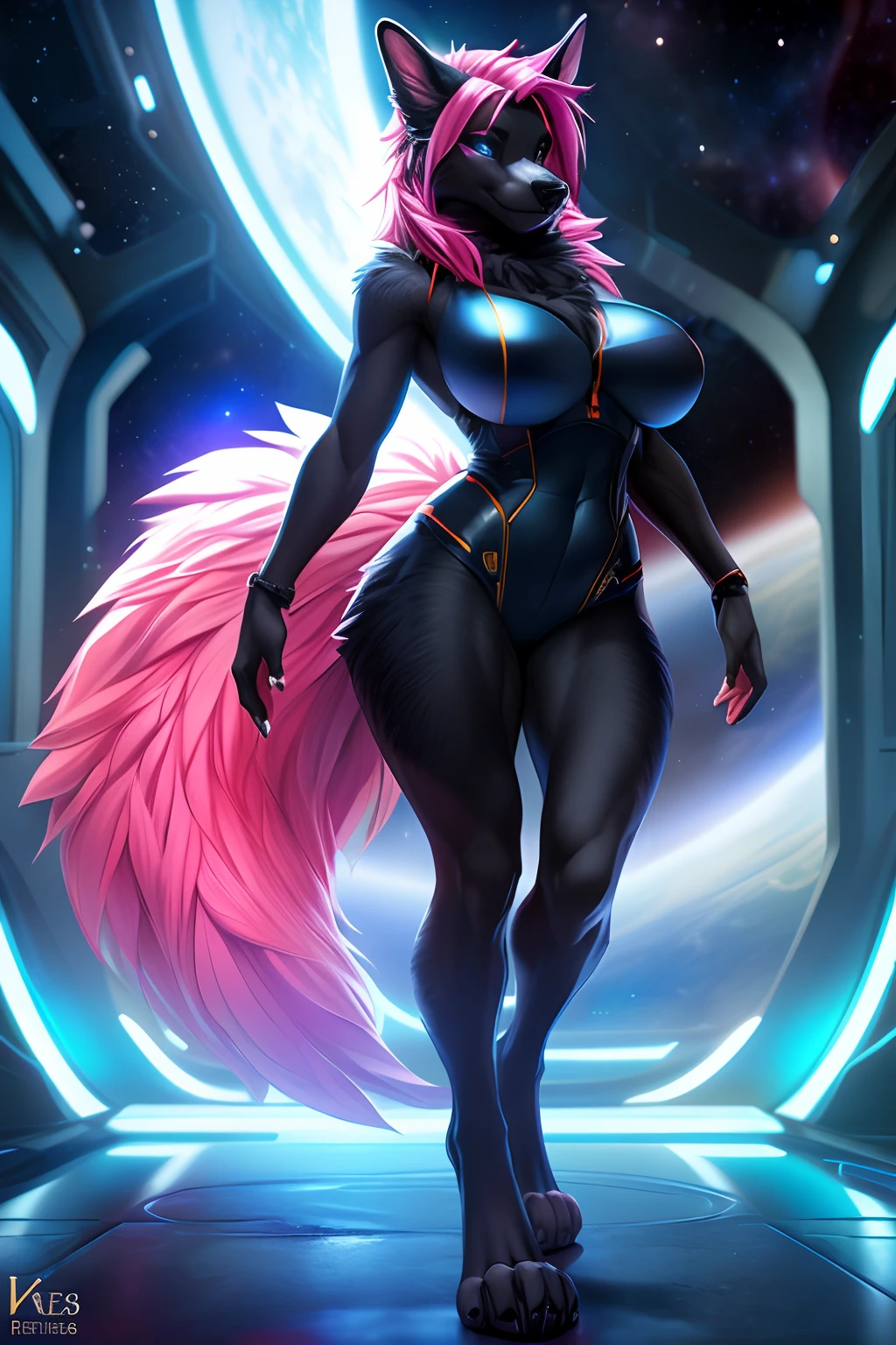uploaded on e621, (by Wildering, by fluff-kevlar, by aycee), solo, neck tuft, hip tuft, leg tuft, big tail, fluffy tail, blue eyes)), (((black fur))), (masterpiece), (best quality), (anthro furry:1.3, snout:1.2, anthro:1.3, furry:1.2, solo female:1.2), (thick figure, curvy figure), (wide hips), (extremely thick thighs), (huge breasts, perky breasts), (full body portrait, sexy pose, suggestive pose), (((canine))) BREAK (((sexy space outfit, digitigrade feet))), (Long pink hair), (Spaceship background, depth of field, neon lights, ambient light on the body), (intricate:0.7), (high detail:1.3), (unreal engine:1.3), (sharp focus:1.15), [explicit content, questionable content], (masterpiece, best quality, 4k, 2k, shaded, absurd res)