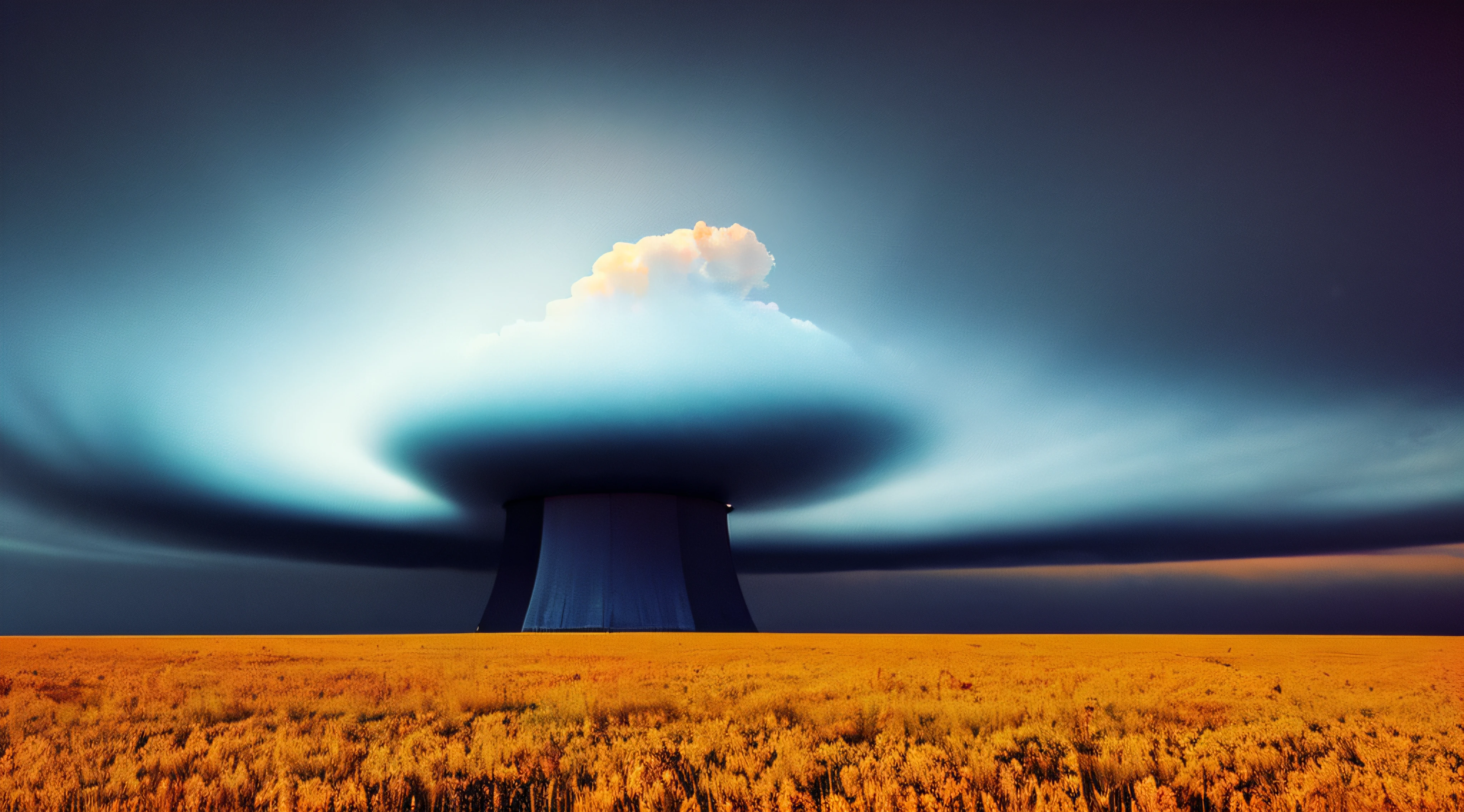 Nuclear explosion day or night. Stormy sky, shock wave against the background of a nuclear fungus in the process of releasing thermal and radiant energy as a result of an uncontrolled nuclear fission