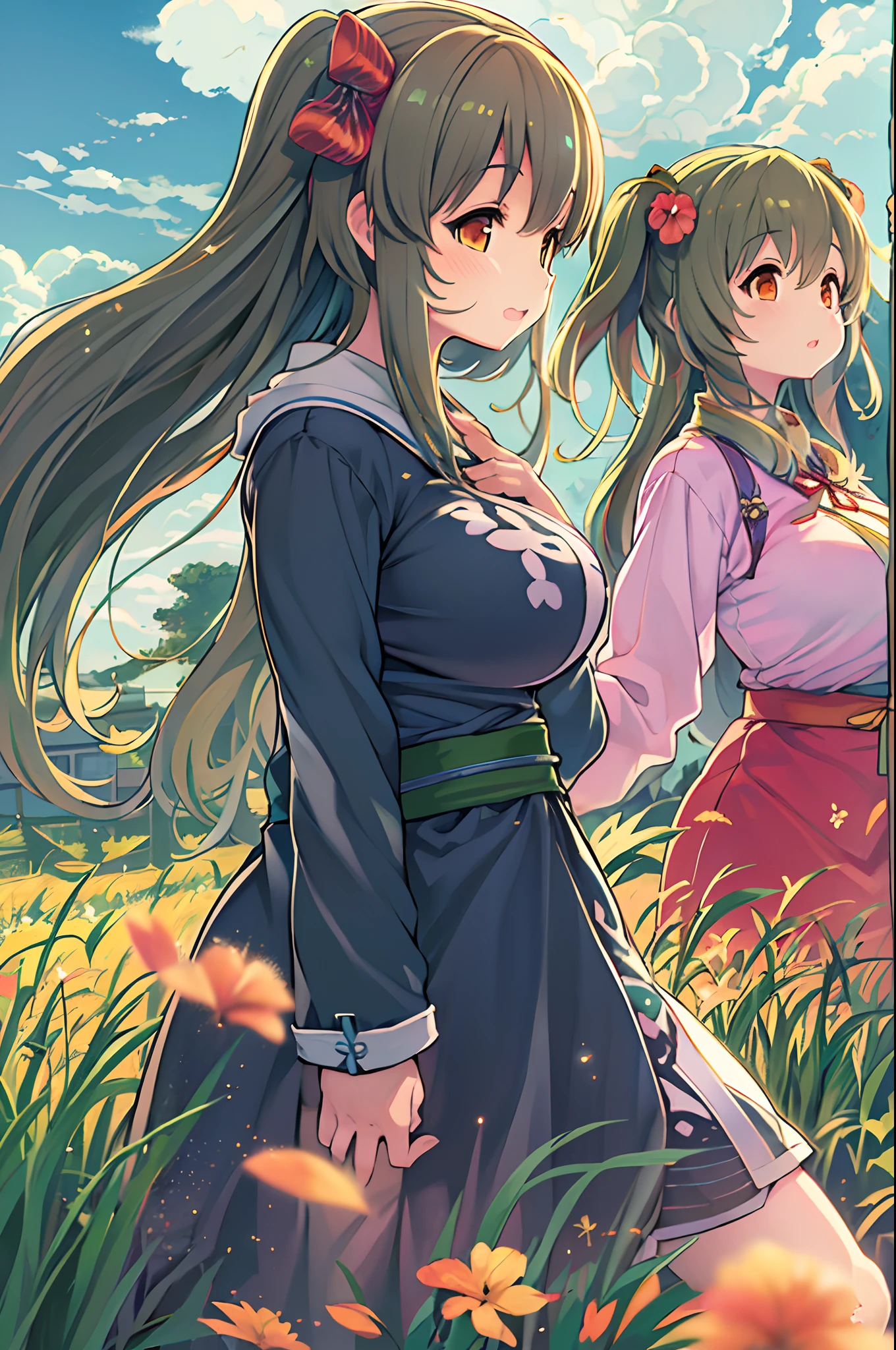 Anime image of two girls in a field with long hair, Anime Girls, two beautiful anime girls, official artwork, anime style 4 k, Official art, anime moe art style, Twin-tailed, guweiz and makoto shinkai, Kantai Collection Style, a-1 pictures, artgerm and atey ghailan, in style of kyoto animation