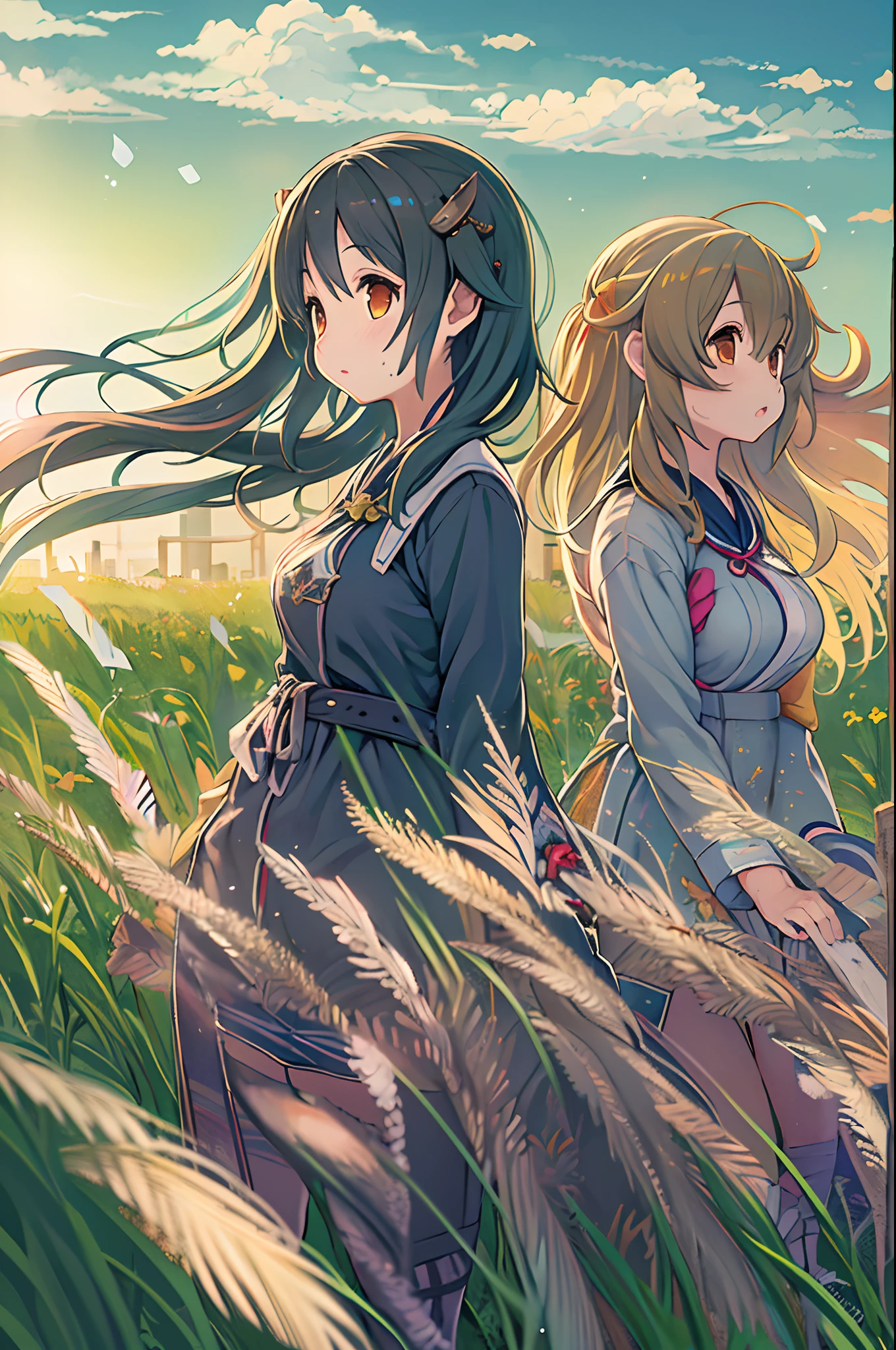 Anime image of two girls in a field with long hair, Anime Girls, two beautiful anime girls, official artwork, anime style 4 k, Official art, anime moe art style, Twin-tailed, guweiz and makoto shinkai, Kantai Collection Style, a-1 pictures, artgerm and atey ghailan, in style of kyoto animation