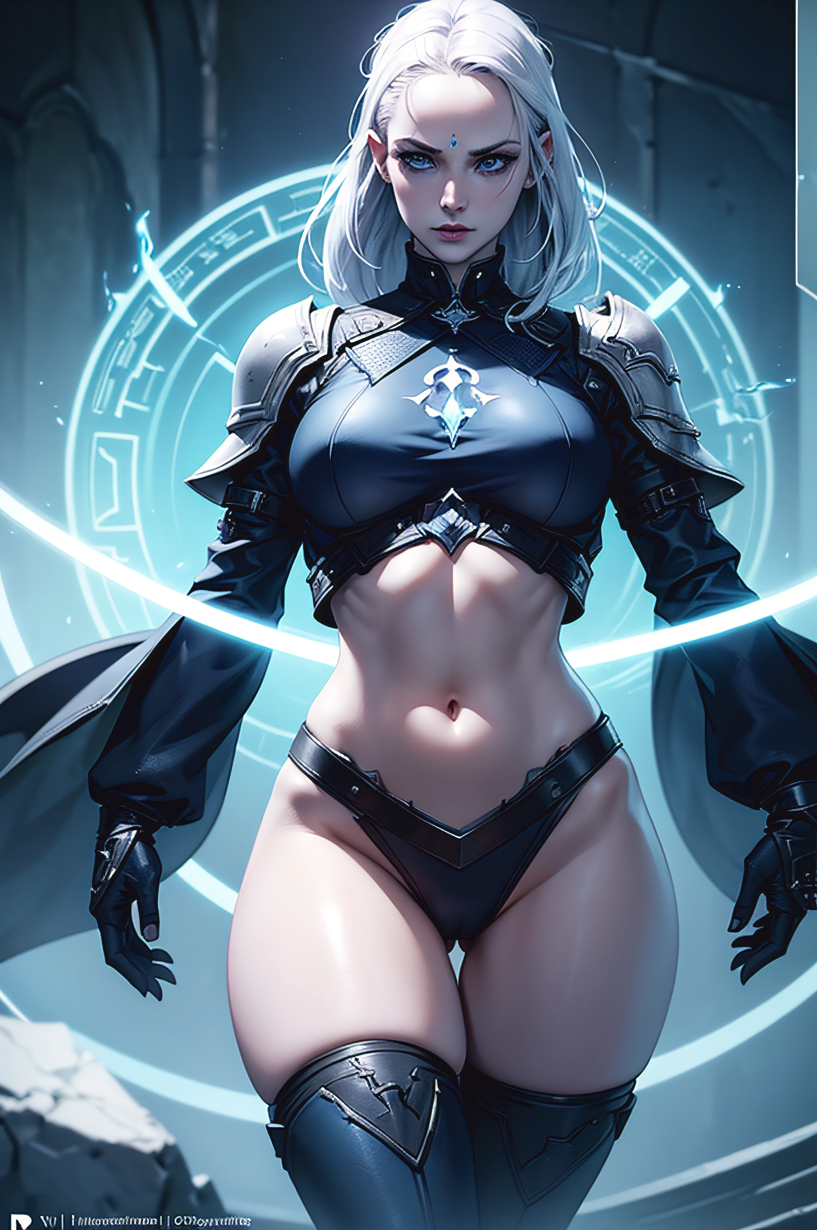 Necromancer Girl, Symbols on pale skin, Organic-looking outfit, sticky forehead, blue eyes, visual art, PS5 cinematic screenshot, Highly detailed, Detailed cinematic rendering, ultra photorealistic raytricing, with cinematic lighting, in full height, Round big hips