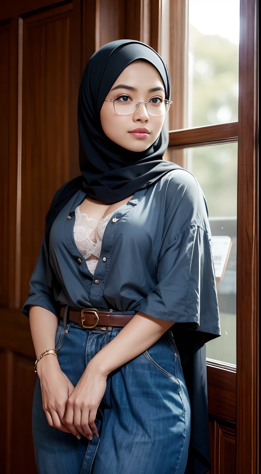 cowboy_shot,(iu:0.8),cleavage, RAW, Best quality, high resolution, Masterpiece: 1.3, Beautiful glasses pearl_skinned hijabi javanese, Masterpiece, Soft smile