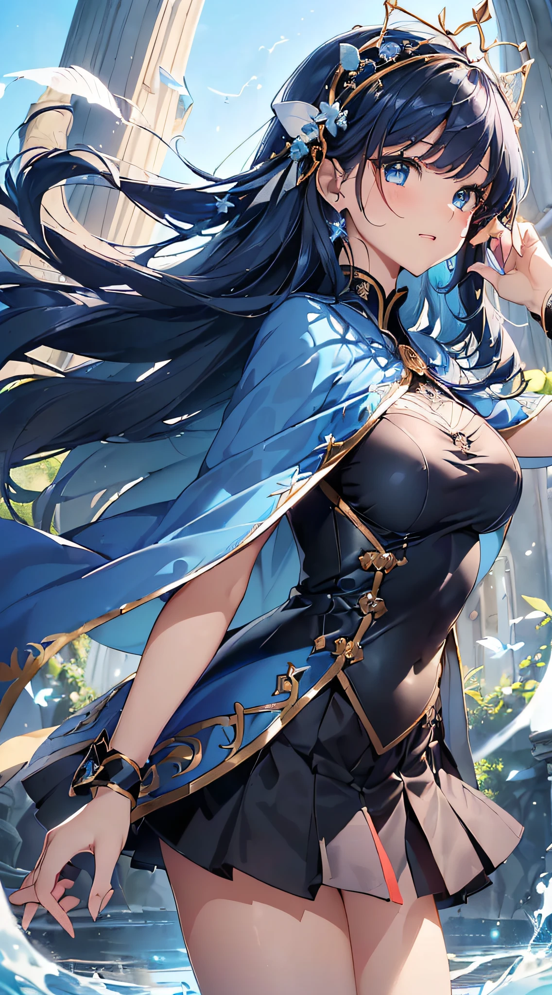 top-quality、Top image quality、masterpiece、girl with((cute little、18year old、Best Bust、Medium bust、Bust 85,Beautiful blue eyes、Breasts wide open,Long black hair、A slender、Blue hair mesh、Black and white pitch retirement suit、Blue short skirt,red cloak,Laugh、Leaning forward、Flying in the sky、Reflecting the whole body、Fluttering cloak、Fluttering short skirt))hiquality、Beautiful Art、Background with((blue-sky、mid air、flying though the air)),masutepiece、Elaborate design、visualart、depth of fields、The best lighting、highestdetailed、8k