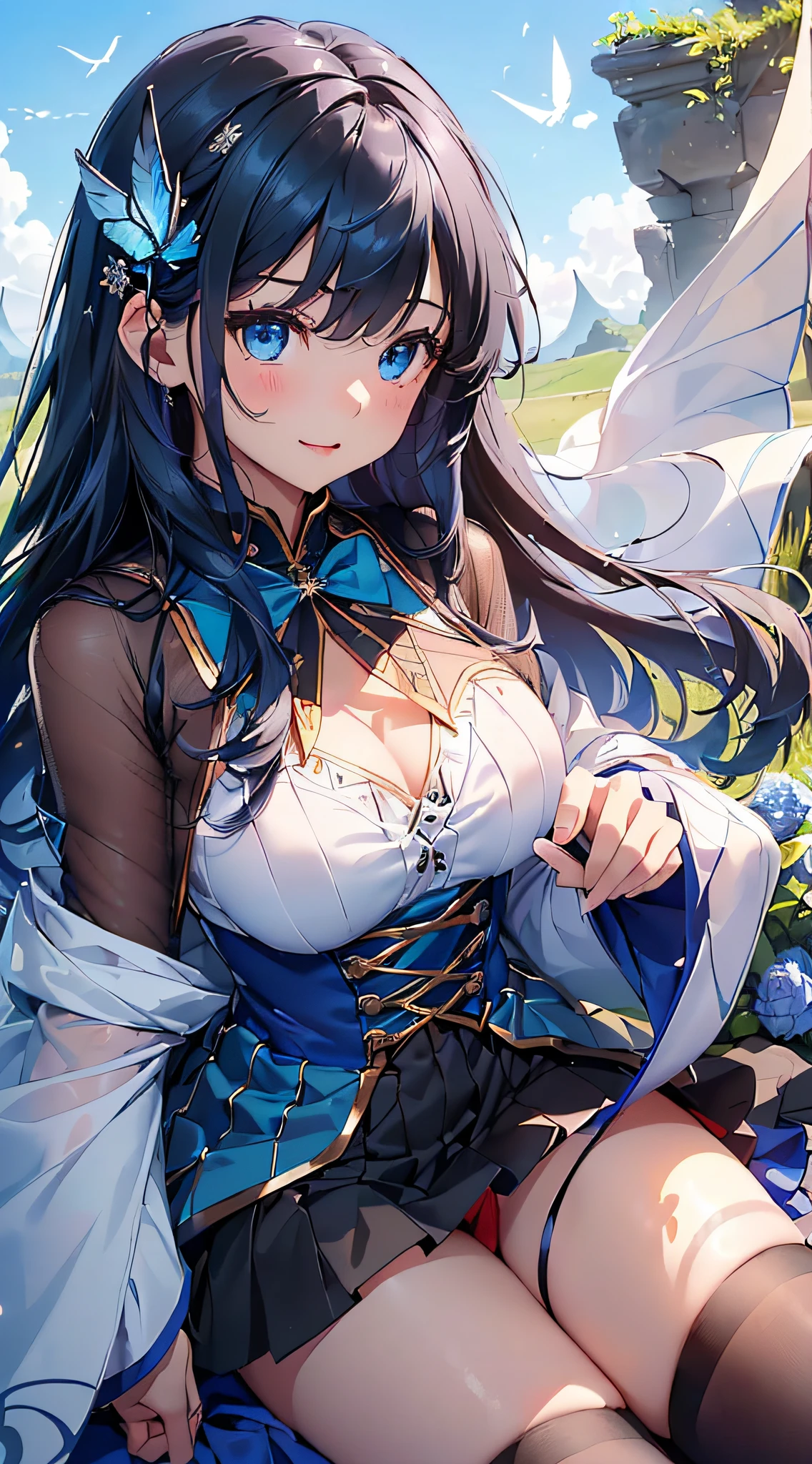 top-quality、Top image quality、​masterpiece、girl with((cute little、18year old、Best Bust、Medium bust、Bust 85,Beautiful blue eyes、Breasts wide open,Long black hair、A slender、Blue hair mesh、Black and white pitch retirement suit、Blue short skirt,red cloak,Laugh、Leaning forward、Flying in the sky、Reflecting the whole body、Fluttering cloak、Fluttering short skirt)）hiquality、Beautiful Art、Background with((blue-sky、mid air、flying though the air)),masutepiece、Elaborate design、visualart、depth of fields、The best lighting、highestdetailed、8ｋ