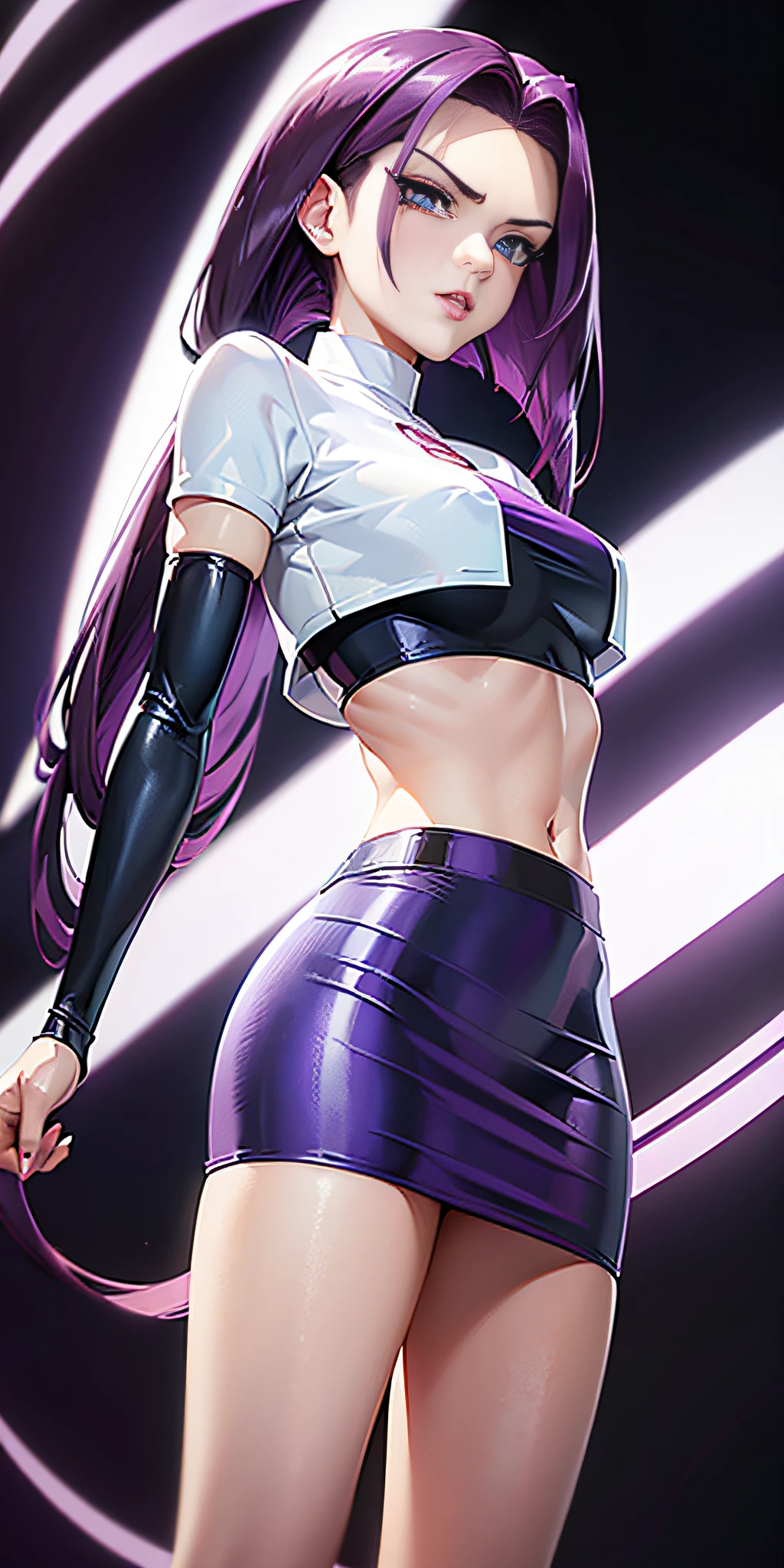 Jessie pokemon, (((seductive expression))), slicked back hair, Long hair, purple hair, blue eyes, Team Rocket, ((7000% transparent silk Team Rocket Uniform)), ((15% white skirt, 15% Crop Top)), thighs high,elbow gloves