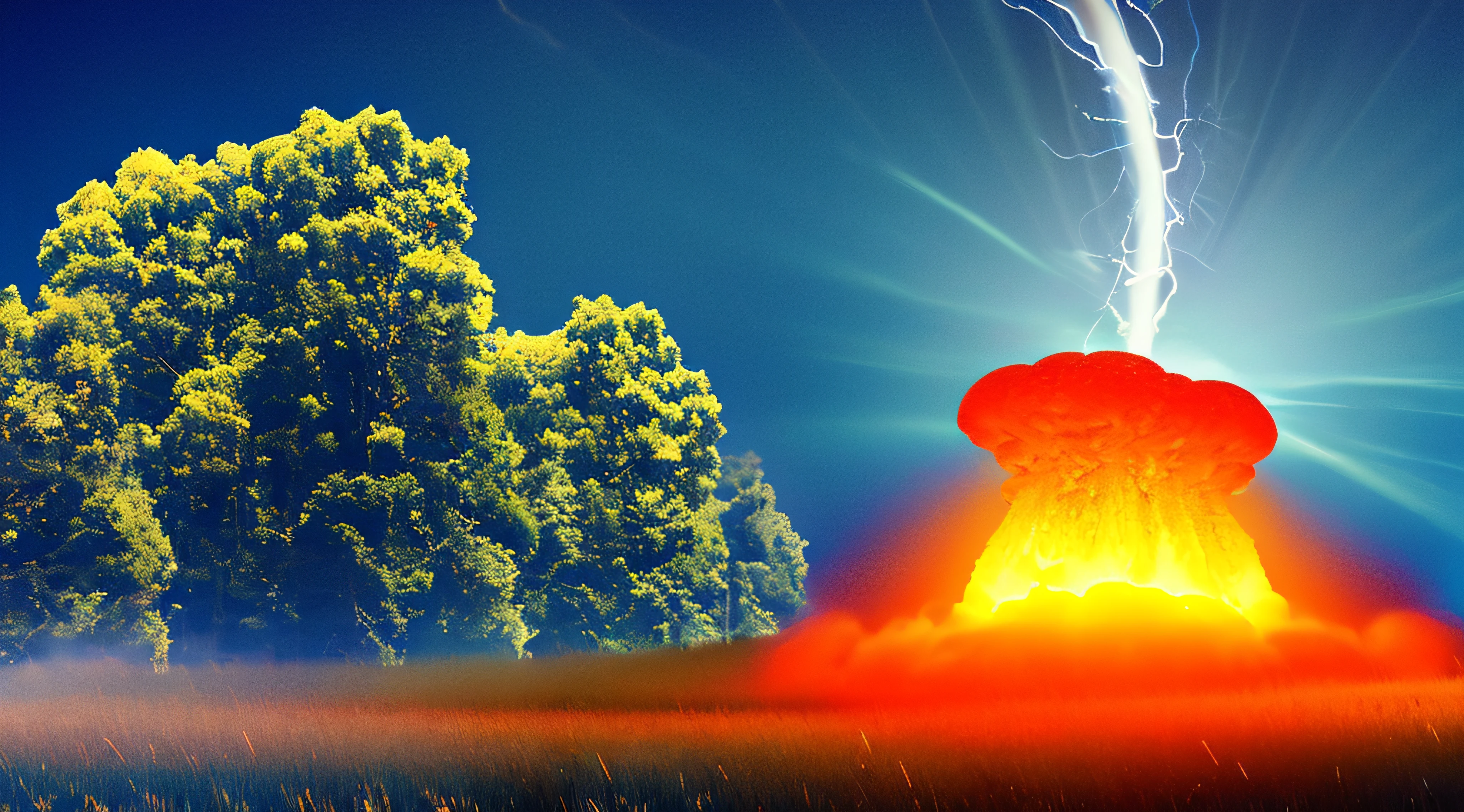 Nuclear explosion day or night. Stormy sky, shock wave against the background of a nuclear fungus in the process of releasing thermal and radiant energy as a result of an uncontrolled nuclear fission