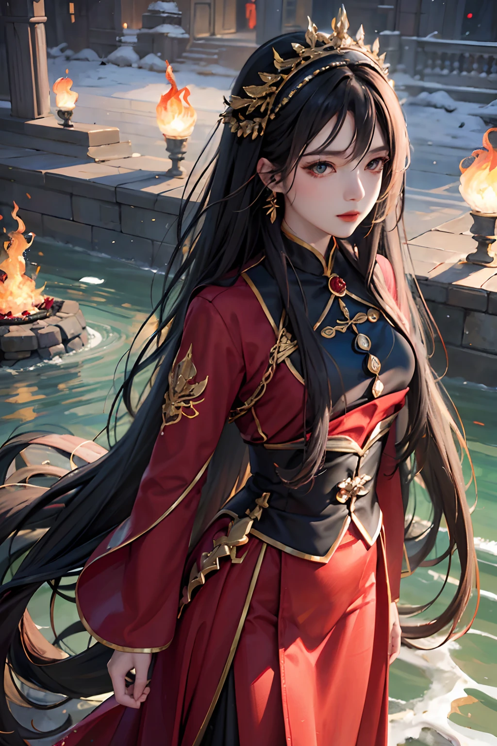 32K（tmasterpiece，k hd，hyper HD，32K）Long flowing black hair，ponds，zydink， a color， Xuzhou people （Seduce girls）， （Red scarf in the snow）， Combat posture， looking at the ground， Carp pattern headdress， Chinese long-sleeved silver cheongsam， （Abstract gouache splash：1.2）， perfect eyes, ancient palace in flame，Tulips flying（realisticlying：1.4），jewelry, Fallen leaves flutter，The background is pure， A high resolution， the detail， RAW photogr， Sharp Re， Nikon D850 Film Stock Photo by Jefferies Lee 4 Kodak Portra 400 Camera F1.6 shots, Rich colors, ultra-realistic vivid textures, Dramatic lighting, Unreal Engine Art Station Trend, cinestir 800，see-through transparent clothes, fire magic, (((big flame))), ((long skirt))