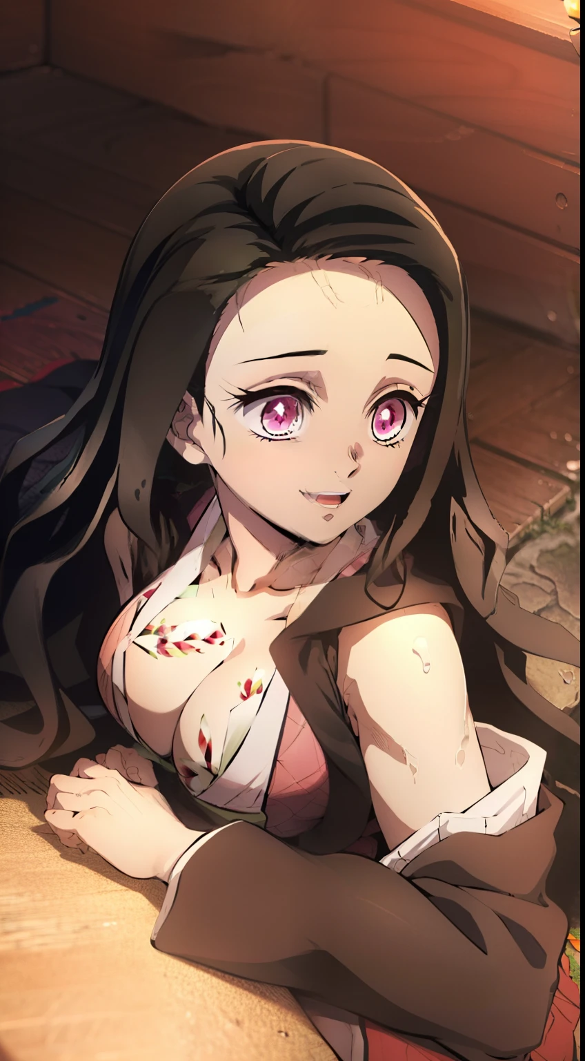 ultra sharp image, Beautiful figure, sexypose, lying on a futon, ultra detail face, Ultra Transparent, Nezuko Kamado from Demon Slayer, ultra sharp image, Ultra Beautiful, beautiful breasts. black hair, Transition to red, Japanese bath, Beautiful figure, taut clothes, black cape on pink kimano, big breastes, Smiling, green colored eyes, handsome body, sexy clothes, Beautiful eyes, very detailed eyes, Very detailed face, handsome body, Cherecter Desing, Sex position, Very detailed, Detailed body, Detailed hands, Detailed, Vibrants, Detailed Face, sharp-focus, WLOP, artgerm, anime art, Vibrants, Detailed Face, Hugh Details, sharp-focus, Very drooping face, A detailed eye, super fine illustration, better shadow, finely detail, Beautiful detail