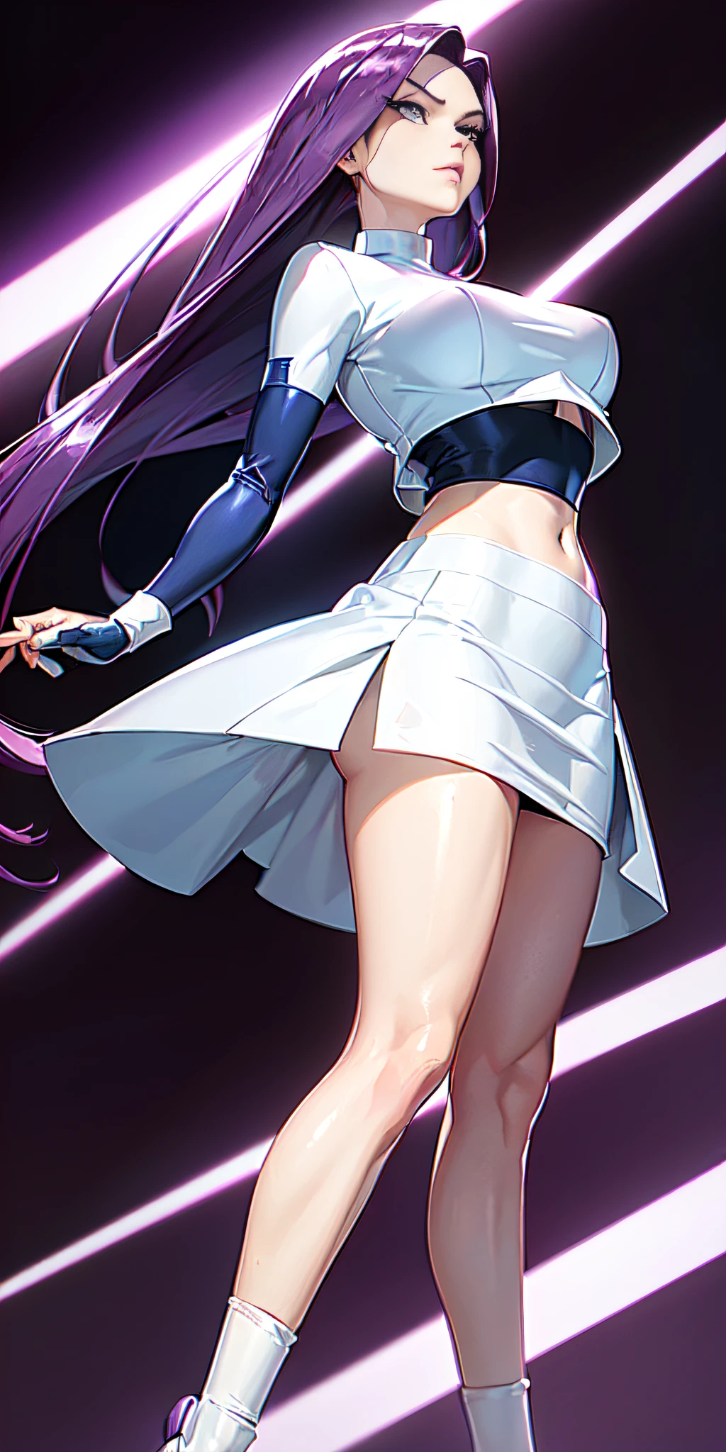 Jessie pokemon, ((seductive expression)), slicked back hair, Long hair, purple hair, blue eyes, Team Rocket, ((7000% transparent silk Team Rocket Uniform)), ((15% white skirt, 15% Crop Top)), thighs high,elbow gloves, (((low angle view)))