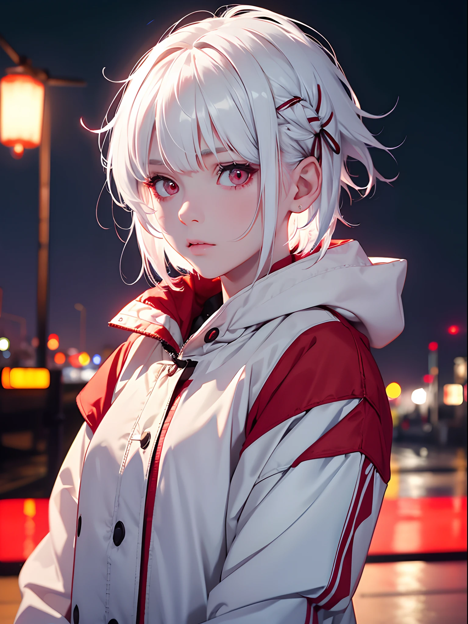 1girl,Albino, cute, white hair, short hair, beautiful, long hair,red eyes, wearing a parka jacket, hair with a ribbon,night light ((8k, UHD, ultra realistic))