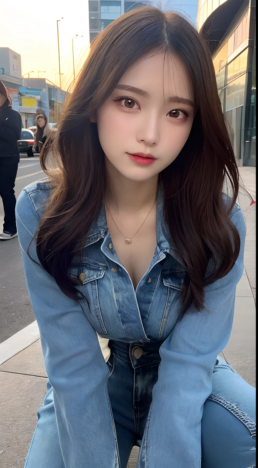 finely detail, hight resolution, hightquality、Perfect dynamic composition, Beautiful detailed eyes, Medium Hair, small tits、Natural Color Lip,Kamimei、Shibuya、20 years girl、1 persons、Transparent skin、Glowing hair、masutepiece, Best Quality, Ultra-detailed, finely detail, hight resolution, 8K、The correct state of the human body、crouching down、Gravure Model Pose,Beautiful sunset,In front of the café,beautiful ilumination,Photographed with hair fluttering in the wind,Colossal tits,((swet、The shape of the chest is visible:1.5,White shirt with long sleeves:1.5,denim pant:1.5,))