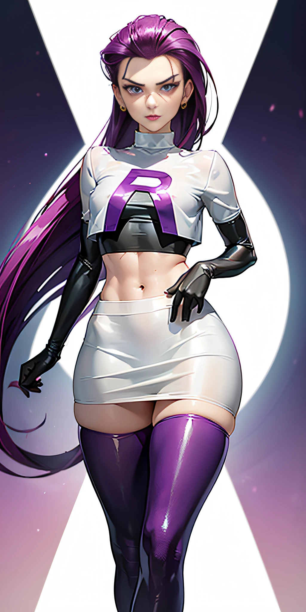 Jessie pokemon, ((seductive expression)), slicked back hair, Long hair, purple hair, blue eyes, Team Rocket, ((7000% transparent silk Team Rocket Uniform)), ((10% white skirt, 10% Crop Top)), thighs high,elbow gloves