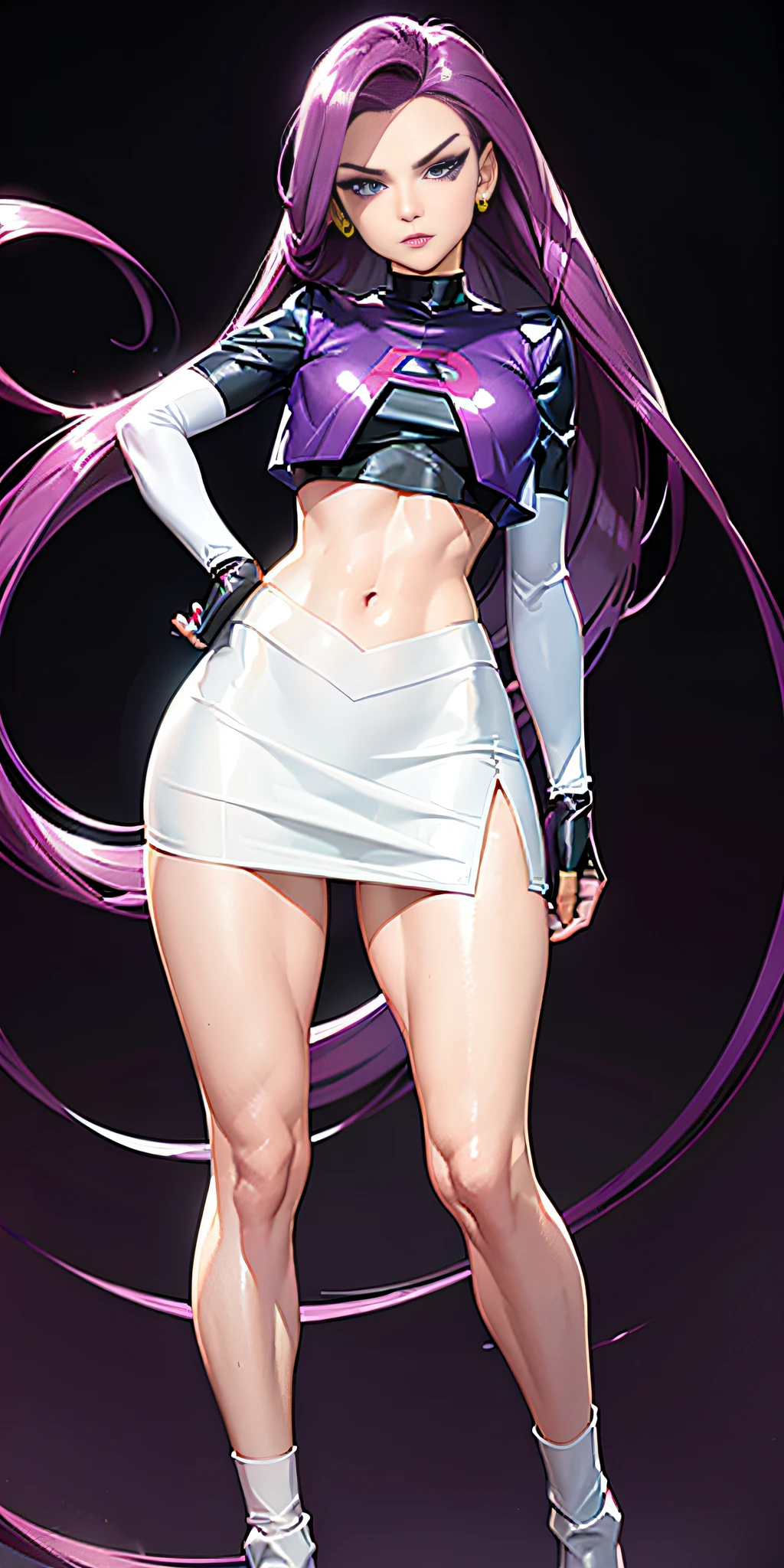 Jessie pokemon, ((seductive expression)), slicked back hair, Long hair, purple hair, blue eyes, Team Rocket, ((7000% transparent silk Team Rocket Uniform)), ((10% white skirt, 10% Crop Top)), thighs high,elbow gloves