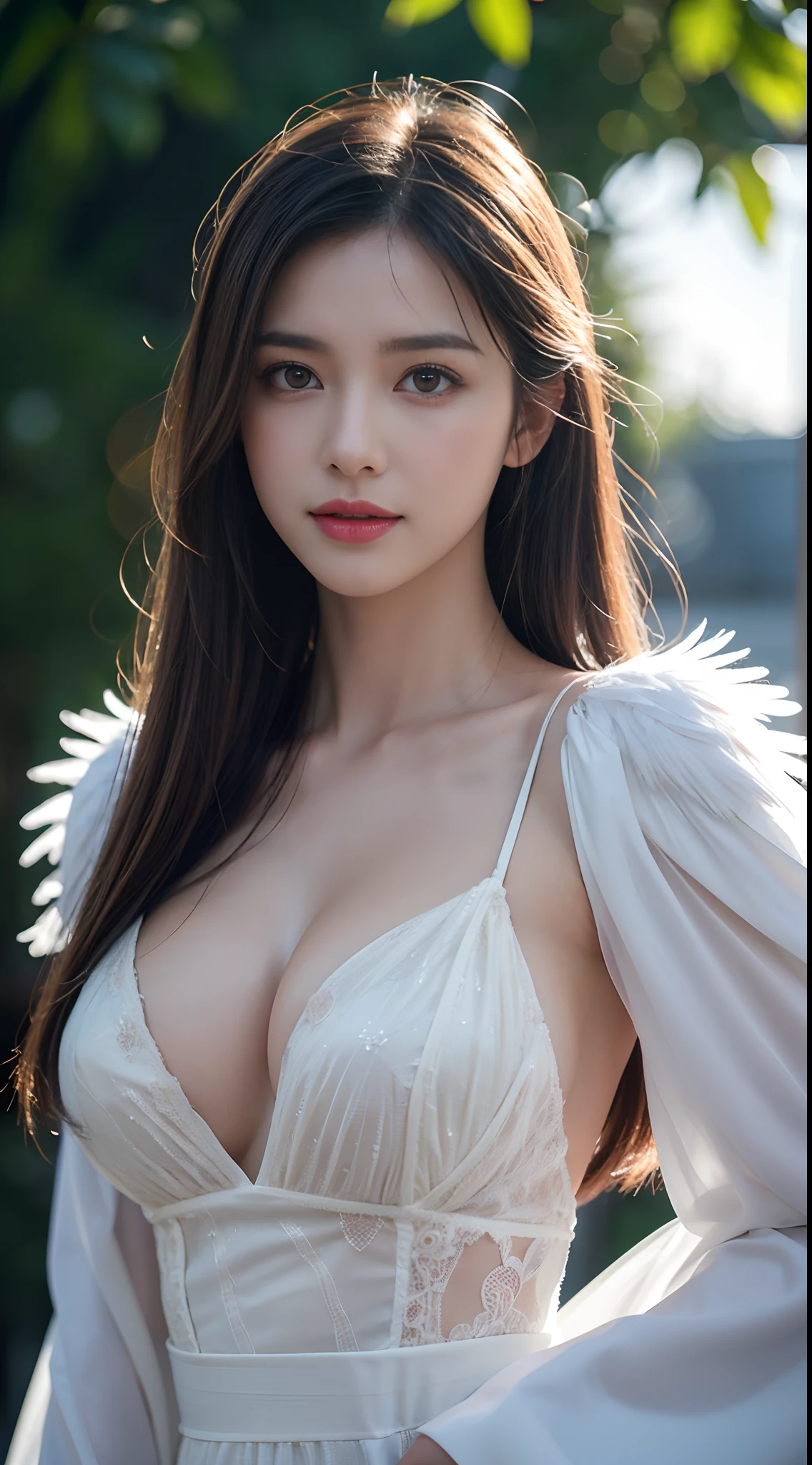 female angel, white goose feathers wing, olive groove, dusk, glowing eyes, finno-ugric beauty, biological tendrils constricting body, heavy thick gel rain, close up, photorealistic, hyperrealism, DSLR, HDR, ray tracing, cell shading, vray, unreal engine, professional photography, looking_at_viewer, Smiling, Melancholic, cleavage, voluptous, 
Eyes wide open staring at you alluringly, Provocative, sexy looks with inviting meanings