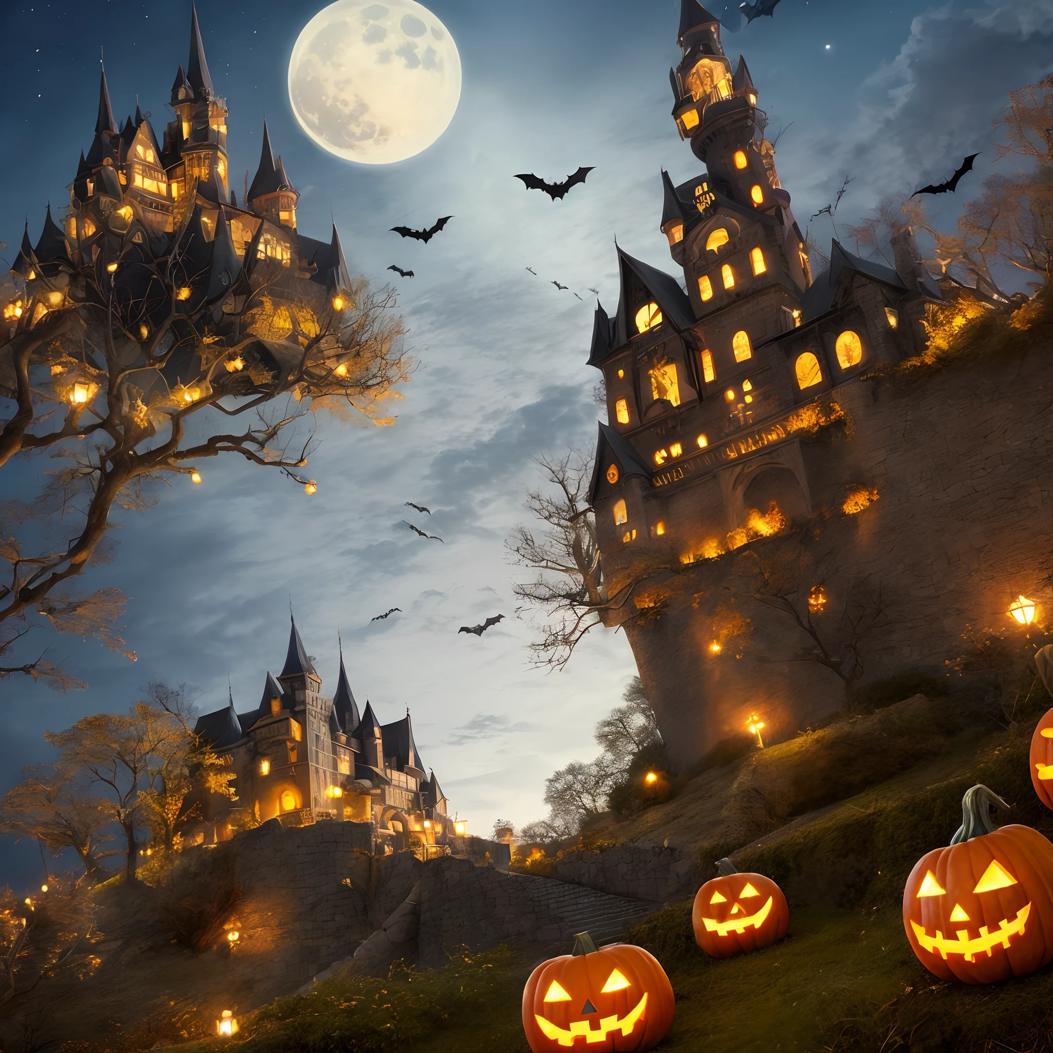 halloween floating lights, Cinematic light and reflections, glittering lights, Intermediate elements of the metaverse，digitalpainting, glossy reflections, pondering, halloween Jack Lantern, calm evening, Digital illustration, bela atmosfera, Skylight at night, Quiet night atmosphere, jack-o&#39;-flashlight, halloween, the night, the moon, game scenes, halloween, surrounded by clouds, Architecture of medieval Europe, Glass tiles, european union, colors beautiful, There are three arches in the foreground((ink color)), ( (paint splash ) ), ((paint splash) tenebrosa})), Masterpiece artwork, high qualiy, Beautiful graphics, high détail,Magnificent,1 young boy
