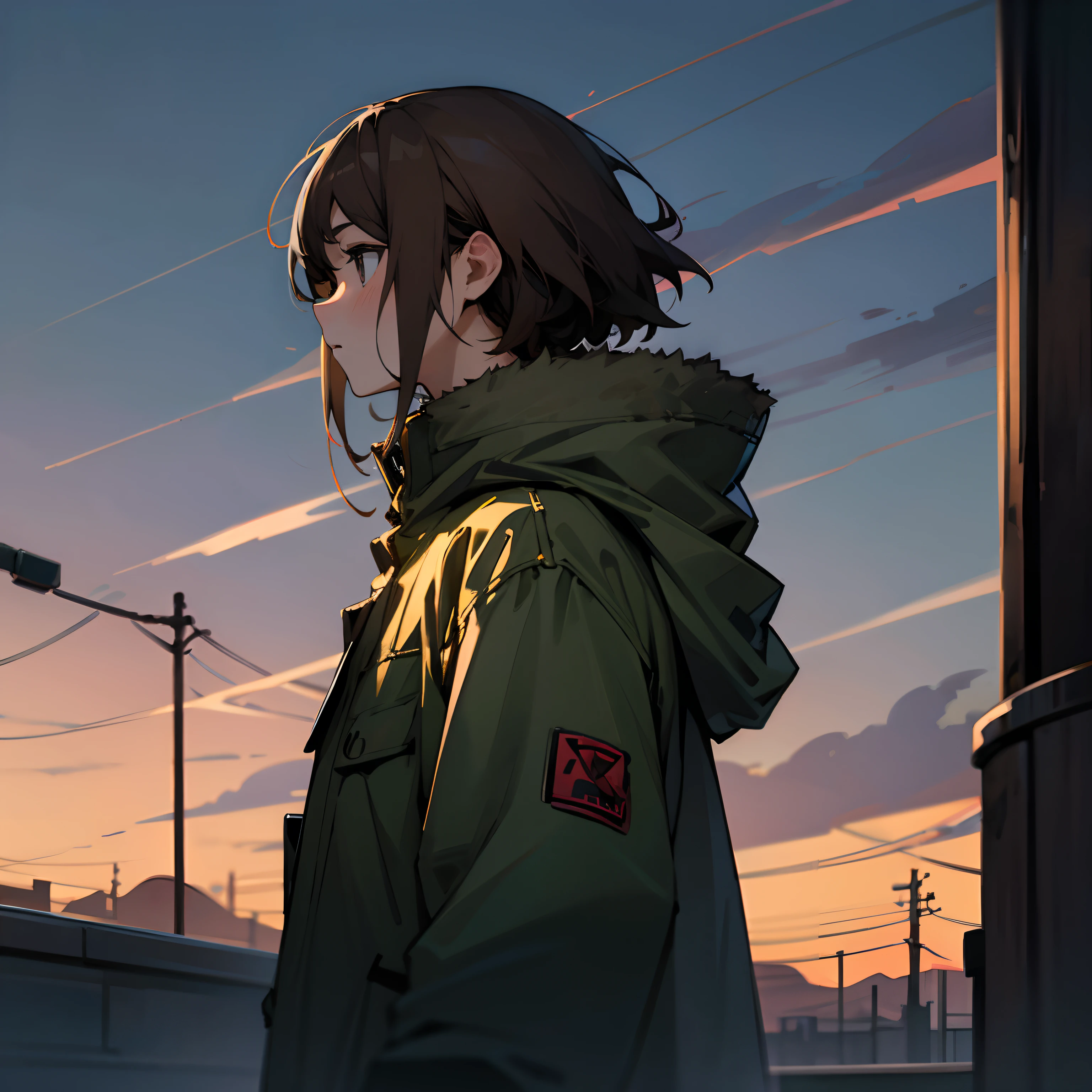 Brown-haired man、Looking into the distance、parka。is wearing