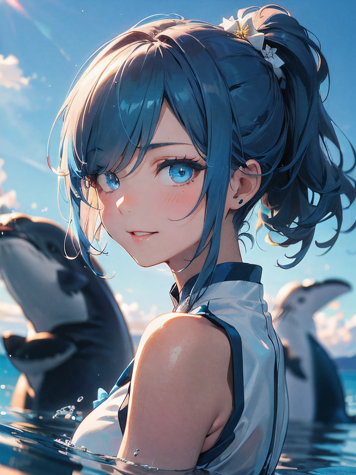 a 17 yo girl , Light Cyan Hair , (hi-top fade:1.3) , dark themed , Muted Tones , Subdued Color , highly contrast , (natural skin textures , Hyper-Realism , Soft light , sharp) , ((Sky Blue Aodai)) , ((secondary color of Aodai : Water Blue)) , ((shoulder-length hair)) , ponytail , flower shaped hair clip Star Command Blue color ,(hair covers one eye) , focus on the face , opposite shot , full head,wide eyes:1.5, (bright Cetacean Blue eyes:1.5) , upperbody , random cute pose , happy emotion , friendly smile