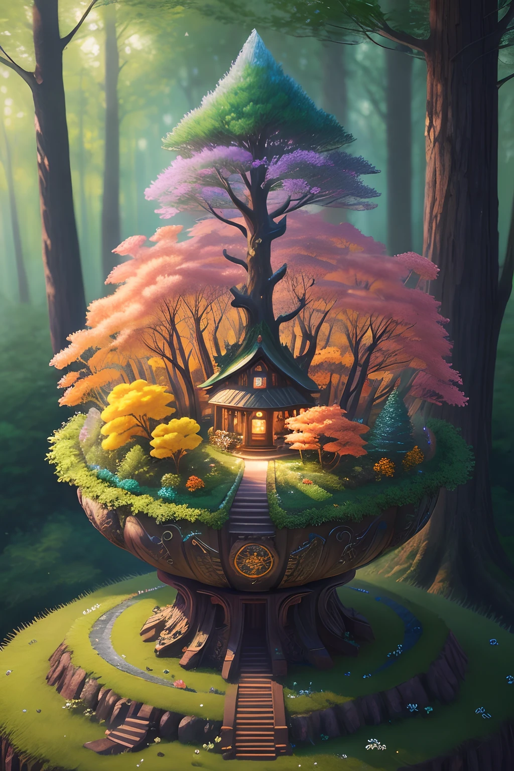 universe, planet Earth, divine light, masterpiece, best quality, high-resolution, ultra-detailed 8k wallpaper with CG elements, magical forest, dreamlike scenery, towering trees, vibrant mushrooms, hidden fairy valley, creating a sense of mystery and charm, art station, digital illustration, intricate complexity, trending, soft color palette, oil painting, award-winning photography, bokeh, depth of field, high-fidelity imagery, flowers, color variations, realistic, extremely detailed, art trends, CG community trends, intricate, high detail, dramatic, artistic journey