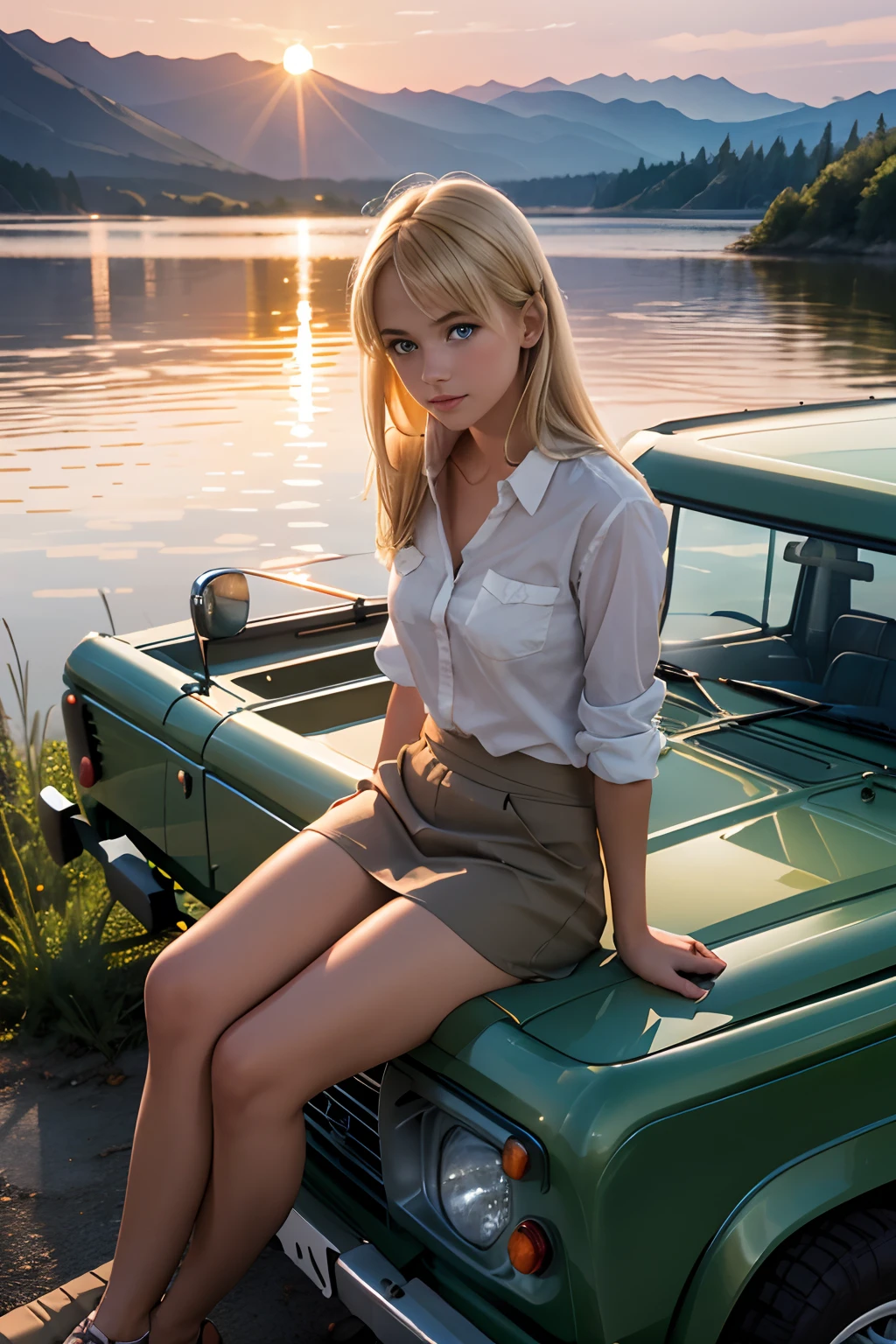 1girl looking at the setting sun, nice scenery of a lake behind, watercolor style, sitting on the hood of a car, blonde, blue eyes, enjoying the sunset, sitting on Land Rover, Land Rover Series III 109, sage color vehicle, parked.