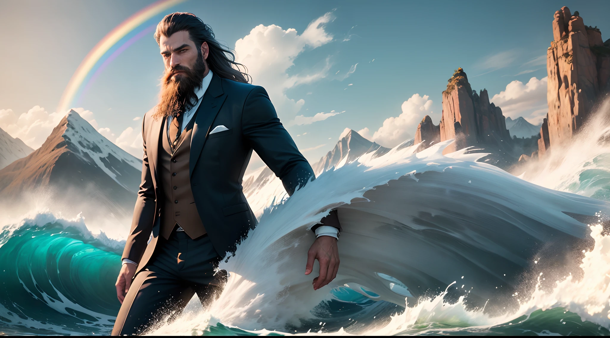 A beard man with dredlock hair, wearing suit,he possesses hydrokinesis, displaying the ability to move water in the form of flying, creating massive waves and splashes,in the ocean, five fingers with details, masterpiece, award winning, (16k resolution) , high quality, mountains in distance, clouds, rainbow