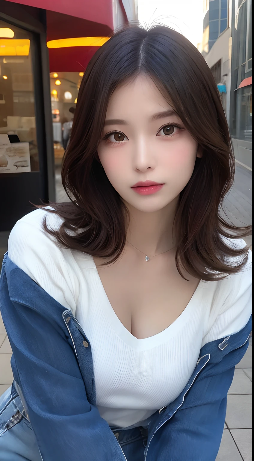 finely detail, hight resolution, hightquality、Perfect dynamic composition, Beautiful detailed eyes, Medium Hair, small tits、Natural Color Lip,Kamimei、Shibuya、20 years girl、1 persons、Transparent skin、Glowing hair、masutepiece, Best Quality, Ultra-detailed, finely detail, hight resolution, 8K、The correct state of the human body、crouching down、Gravure Model Pose,Beautiful sunset,In front of the café,beautiful ilumination,Photographed with hair fluttering in the wind,Colossal tits,((swet、The shape of the chest is visible:1.5,Long Sleeve V-Neck White Shirt:1.5,denim pant:1.5,))