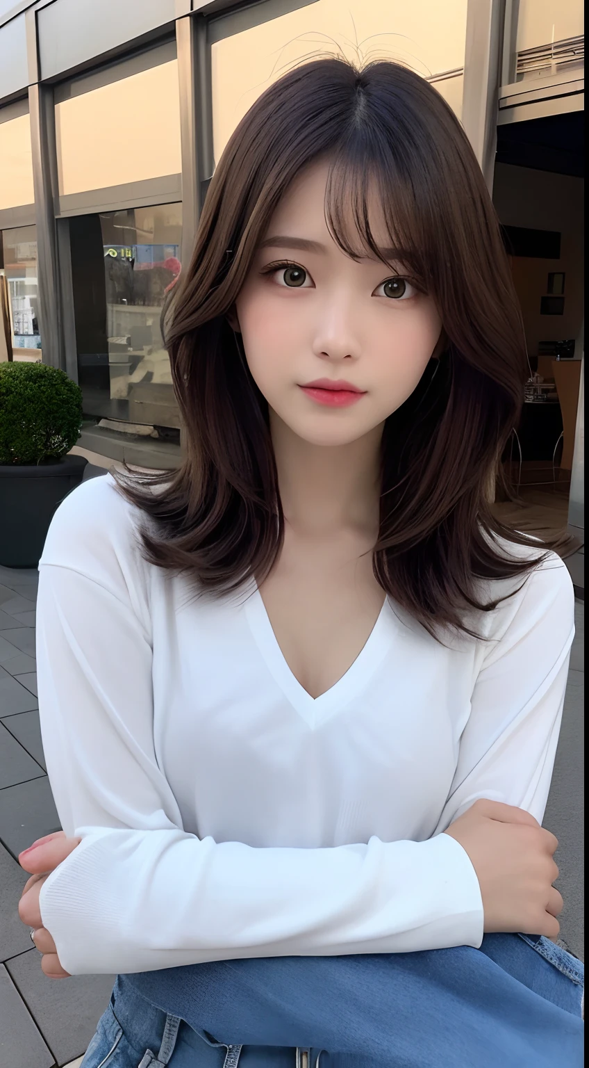 (tits out、white t-shirts)、(top-quality,​masterpiece:1.3,超A high resolution,),(ultra-detailliert,Caustics),(Photorealsitic:1.4,RAW shooting,)Ultra-realistic capture,A highly detailed,high-definition16Kfor human skin、 Skin texture is natural、、The skin looks healthy with an even tone、 Use natural light and color,One Woman,japanes,,kawaii,A dark-haired,Middle hair,(depth of fields、chromatic abberation、、Wide range of lighting、Natural Shading、)、(Hair swaying in the wind:1.2)、Concrete background、Top margin、Hair of uniform shape on the left and right、