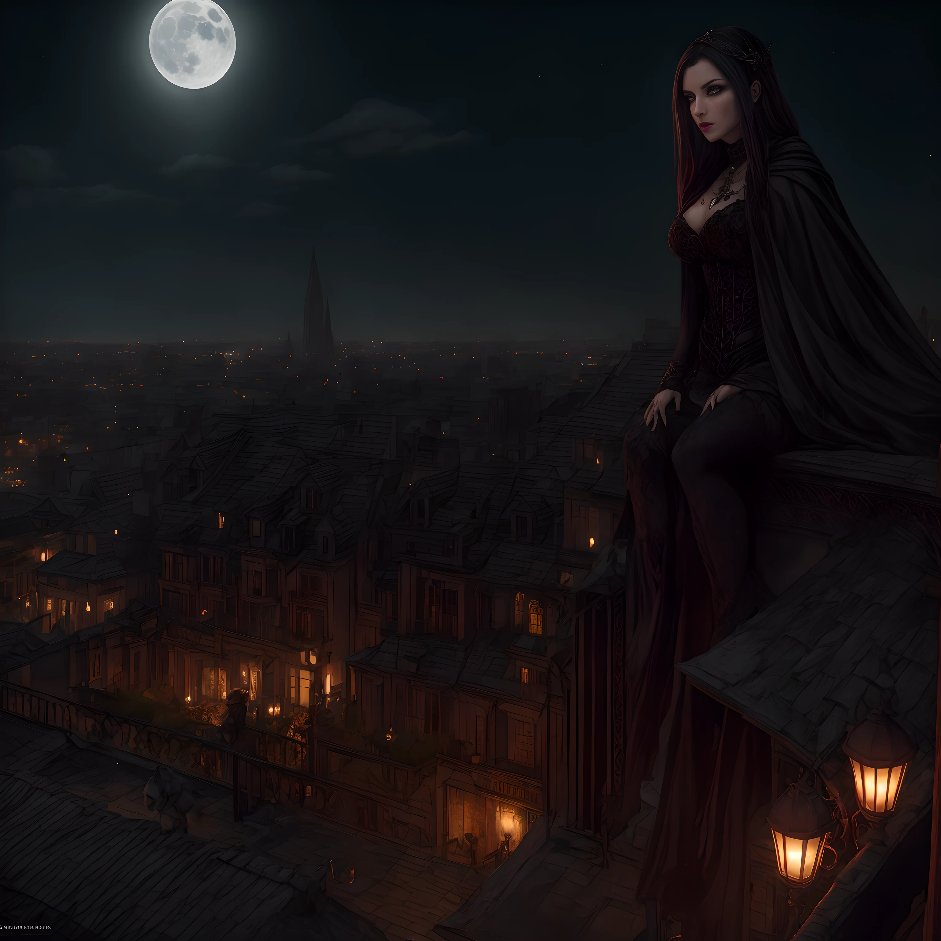 Mujer vampiro con la luna de fondo caminando en las calles de londres
