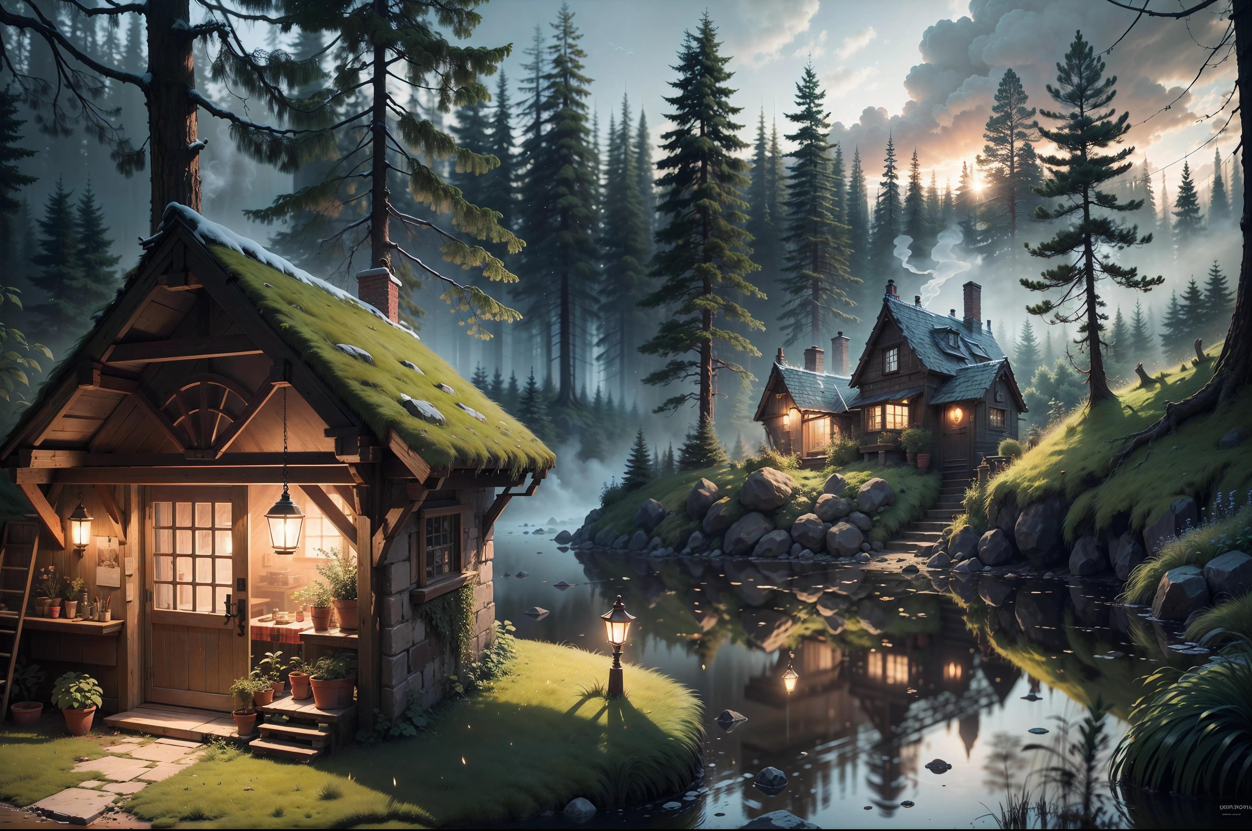 Gnome cottage overgrown with moss, pond in forest, smoke from chimney, bridge, dusk, light from windows, path, burning lamps. Feligrano, fantasy, aesthetic, beautiful, beautiful, realistic, professional photo, 4k, high resolution, high detail, 30mm lens, 1/250s, f/2.8, ISO 350, soft lighting --auto --s2