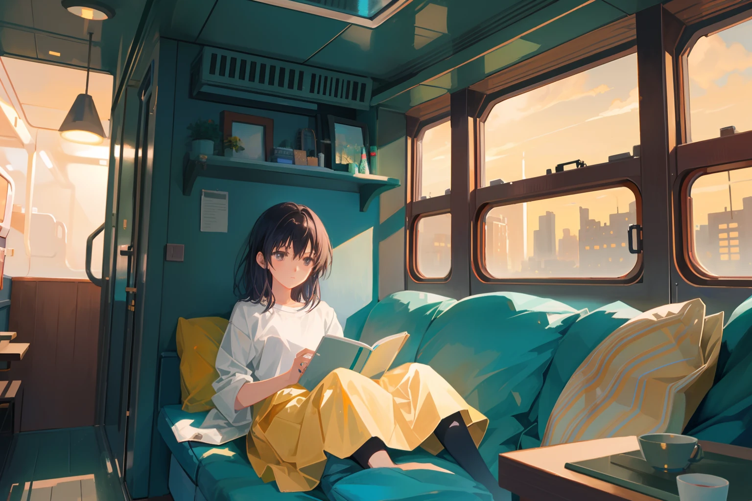 Create exquisite illustrations reminiscent of Makoto Shinkai's style, It has ultra-fine details and top-notch quality. The room is spacious and resembles the interior of a camper.々and create an illustration of a train that transforms into a living space. In-flight, There is a cozy setup for comfortable living. A young girl is seen relaxing inside, Enjoy the tranquility of the journey. The cabin is tastefully designed, Warm lighting and comfortable furnishings. Through the window, You can see the cityscape wrapped in the lights of the setting sun, creating a serene ambiance.