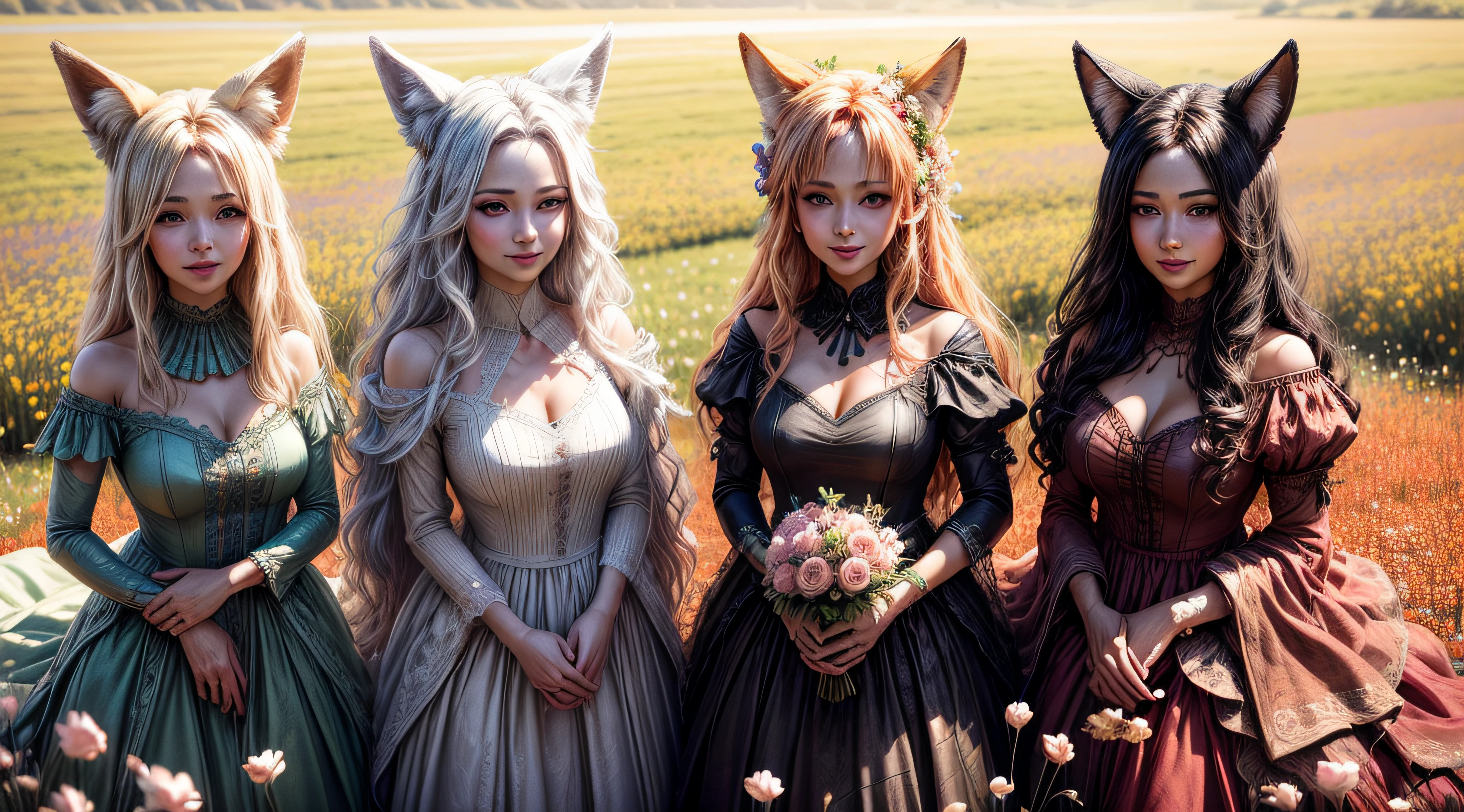 few gorgeous fox woman partners, 8k, UHD, masterpeice, ultra detailed, sunlit, On a beautiful blooming meadow full of spring flowers, They're standyng and playing together, Beautiful face happy expression of excitement, FULL BODY PICTURE, BEAUTIFUL DRESS