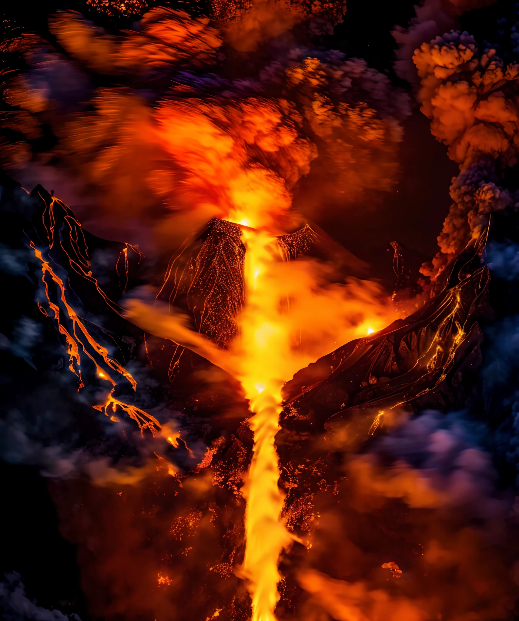 Two huge god hands hold up a volcano. Eruption of lapis lazuli and smoke. A thick stream of lava flows down the slopes of the volcano, fantasy, smoke billowing background, (8K, RAWnphotos, best quality, Masterpiece: 1.2), (Photorealistic: 1.4), black background:1.3,UHD,   ultra detailed