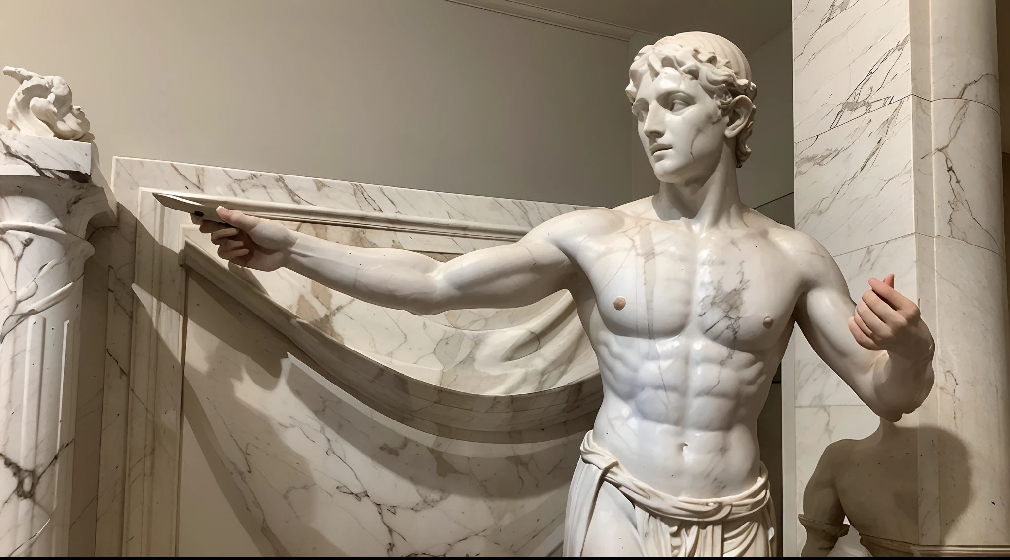 A realistic Greek white marble statue of seductive young adonis detailed wearing a ghostly toga and holding a vase