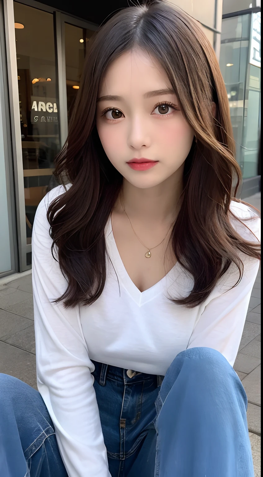 finely detail, hight resolution, hightquality、Perfect dynamic composition, Beautiful detailed eyes, Medium Hair, small tits、Natural Color Lip,Kamimei、Shibuya、20 years girl、1 persons、Transparent skin、Glowing hair、masutepiece, Best Quality, Ultra-detailed, finely detail, hight resolution, 8K、The correct state of the human body、crouching down、Gravure Model Pose,Beautiful sunset,In front of the café,beautiful ilumination,Photographed with hair fluttering in the wind,Colossal tits,((swet、The shape of the chest is visible:1.5,Long Sleeve V-Neck White Shirt:1.5,denim pant:1.5,))