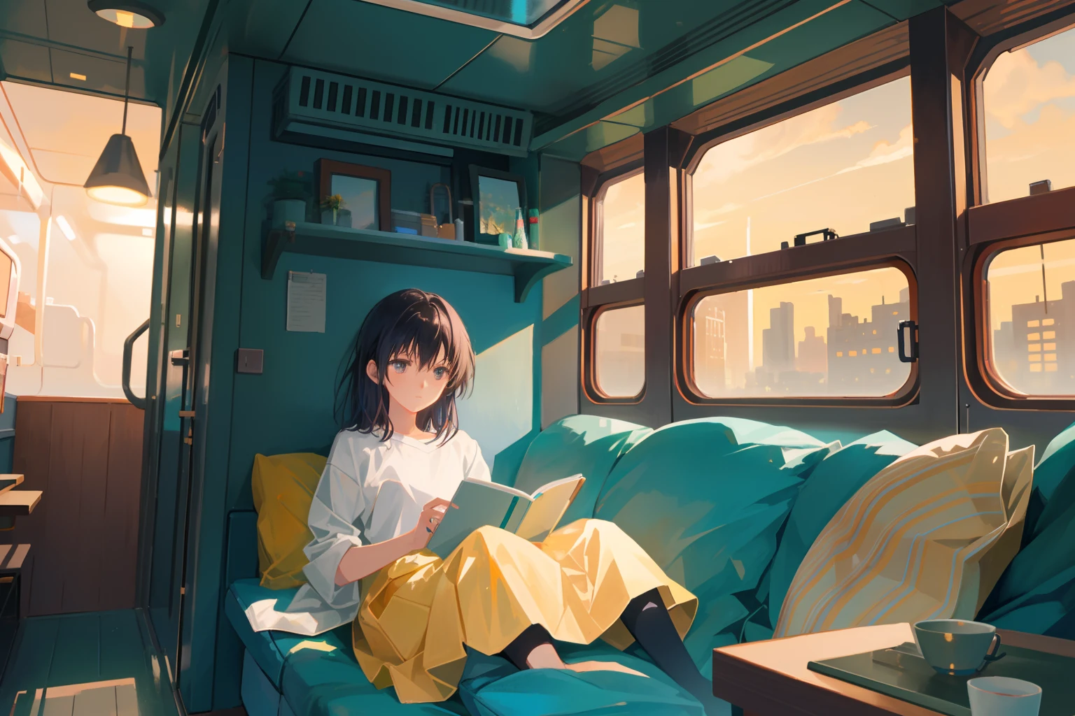 Anime girl sitting on a couch reading a book in a train - SeaArt AI