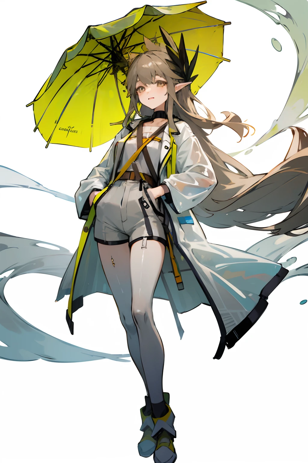 Bright colors,illumination,A girl stands in the lab,looking toward the viewer,White knee-length stockings,Open-chest sweater,shorter pants,mature,sexy for,see-through raincoat,Transparent coat