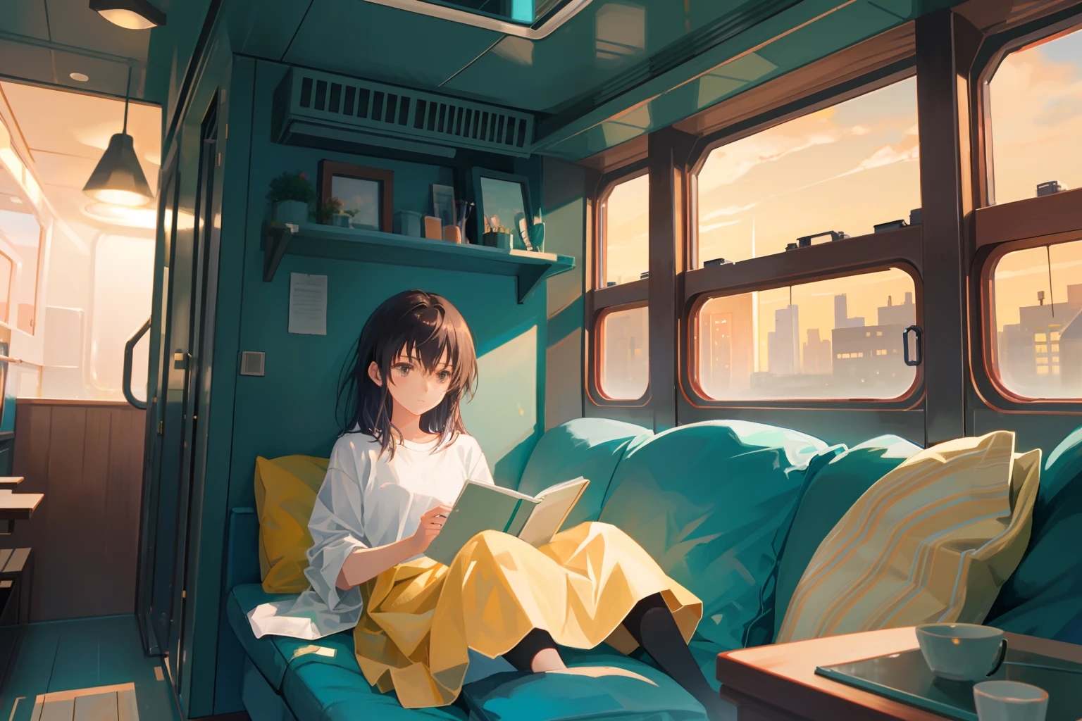 Create exquisite illustrations reminiscent of Makoto Shinkai's style, It has ultra-fine details and top-notch quality. Create an illustration of a train where the passenger cabins are transformed into spacious living spaces resembling a camper van interior. Inside the cabin, there is a cozy setup for comfortable living. A young girl is seen relaxing inside, enjoying the tranquility of the journey. The cabin is tastefully designed, with warm lighting and comfortable furnishings. Through the window, the cityscape bathed in the glow of the setting sun is visible, creating a serene ambiance.