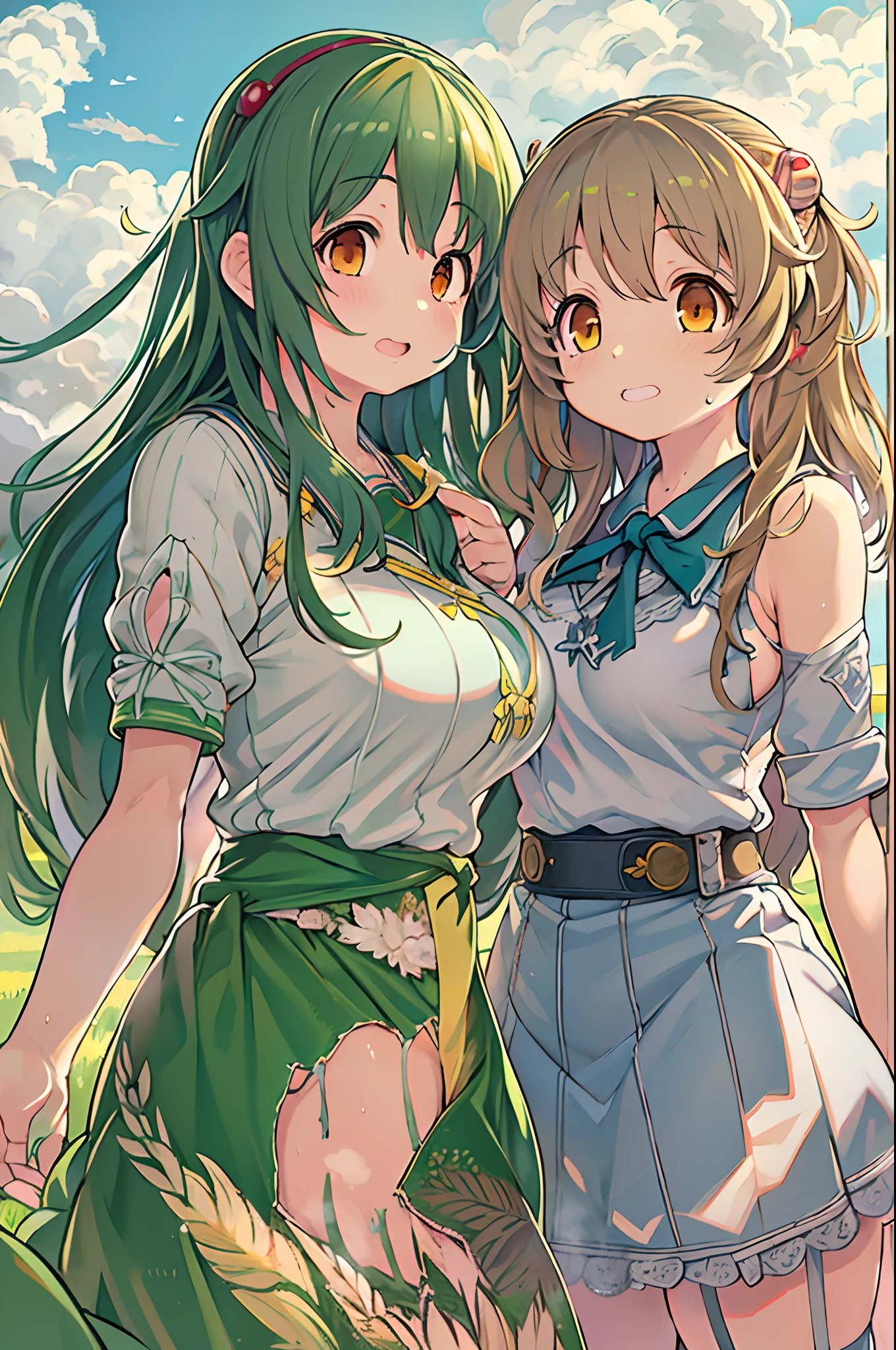 (masterpiece, best quality), best quality, best resolution, (ultra-detailed), (3heads:1.5), 1girl, (yuki (touhou):1.3), masterpiece, best quality, ultra quality, ultra resolution, ultra detail, dark red and pink top, crop top, ((stomach)), midriff, ((groin)), dark red and pink skirt, normal ears, shackles, blonde hair, very long hair, wavy hair, sidelocks, yellow eyes, parted lips, open belly, sweat, cute, toned belly, hand on own chest, eyelashes, (24 year old woman:1.3), (masterpiece:1.5), (best quality:1.5), (beautiful detailed), extremely detailed CG, extremely delicate and beautiful, depth of field, (finely detailed face), (perfect details:1.2), (mature female:1.3), wide pelvis, slender, large veiny breast, 16k resolution, highres, very high quality, very high definition, extremely detailed, masterpiece, best quality, blonde hair, long hair, alluring presence, braid, short skirt, close up, big tits, young, pink ribbon, girl with three heads, same hair color, blonde,
