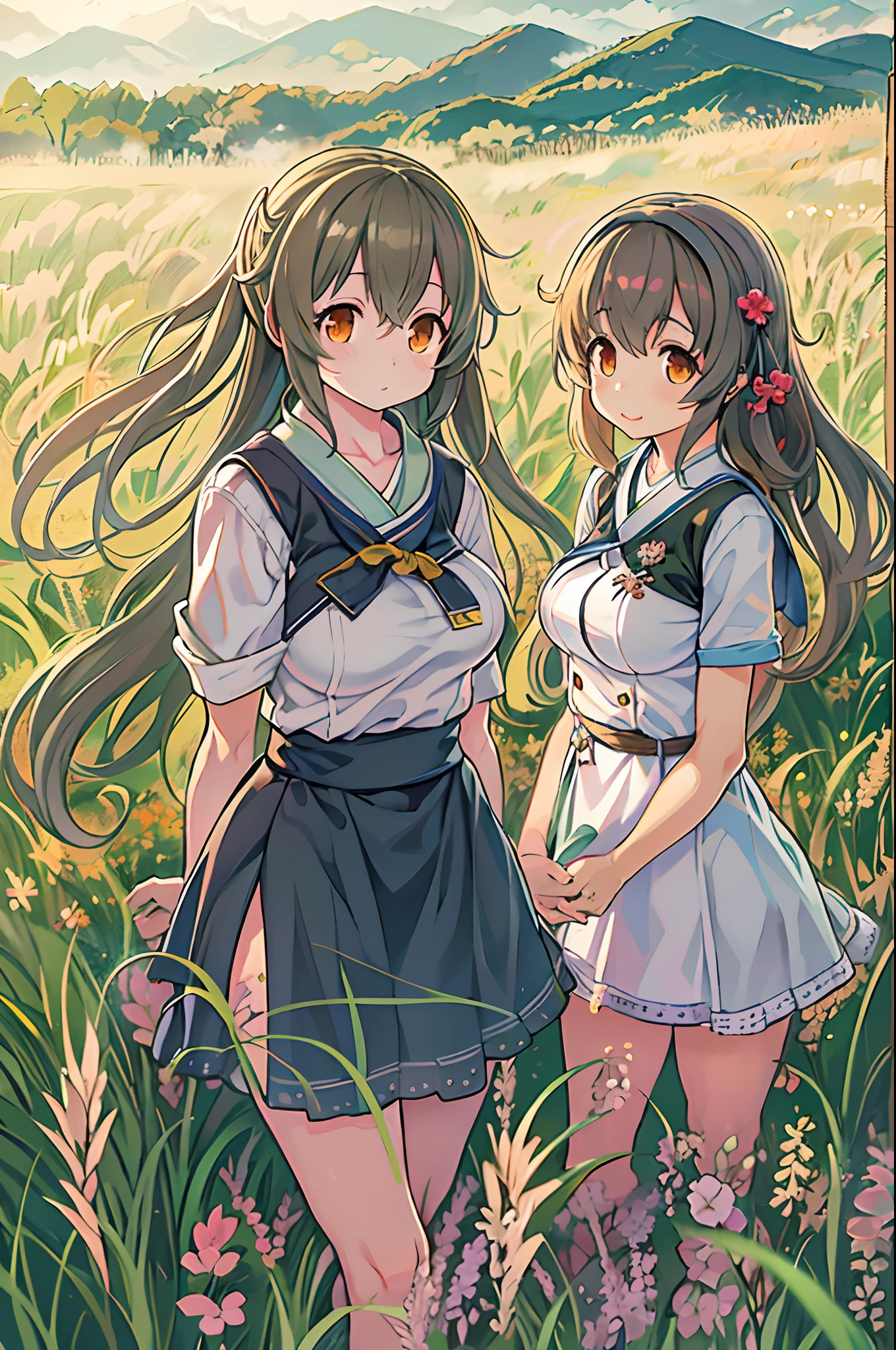 Anime image of two girls in a field with long hair, Anime Girls, two beautiful anime girls, official artwork, anime style 4 k, Official art, anime moe art style, Twin-tailed, guweiz and makoto shinkai, Kantai Collection Style, a-1 pictures, artgerm and atey ghailan, in style of kyoto animation