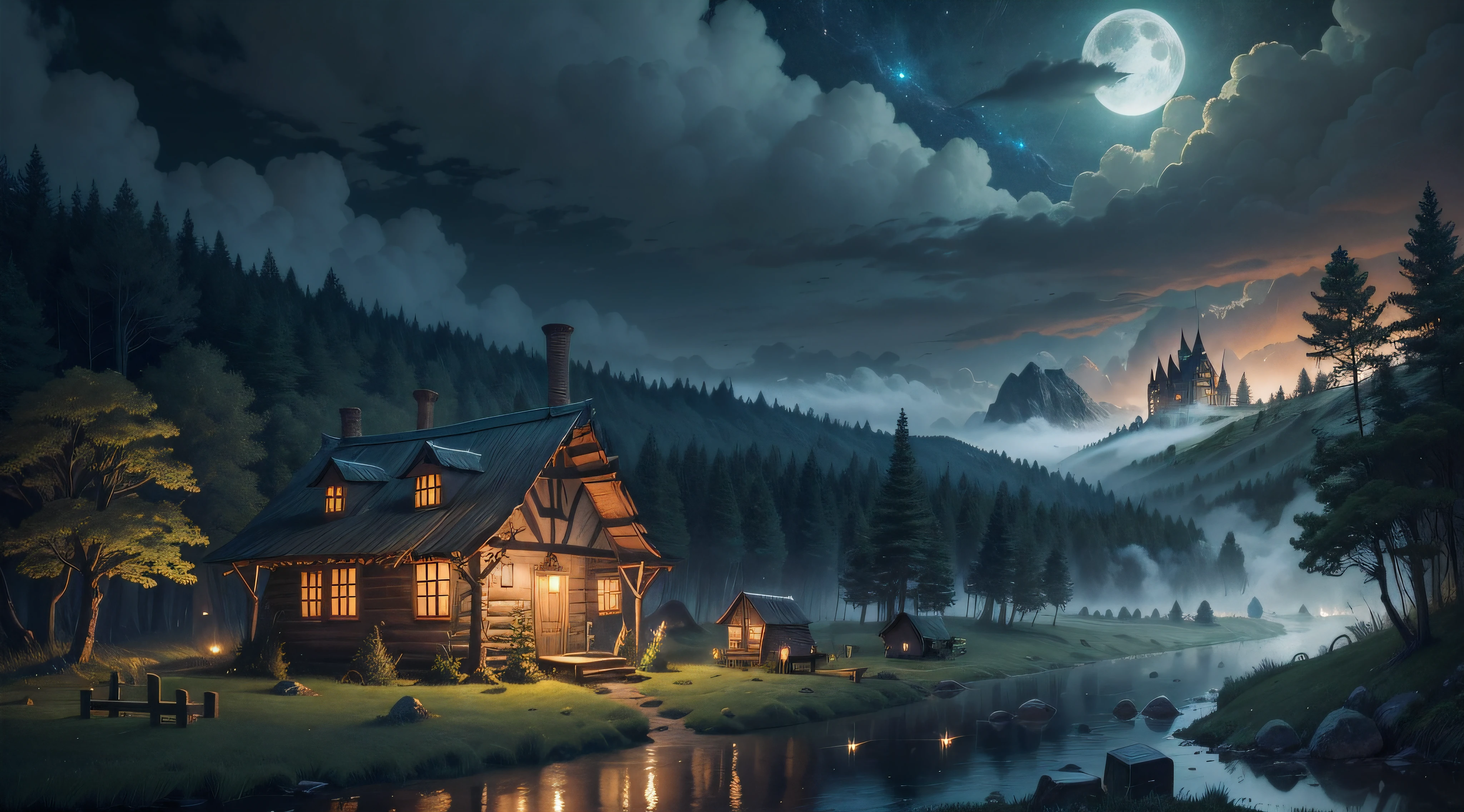 Wizard shack in a mystical forest, lush forest background, wooden shack with smoke coming out the chimney, nearby river with tall grass and fireflies, Bright moon with cloudy skies, wide angle shot, shot from the sky, fireflies, tall grass, big castle in the background
