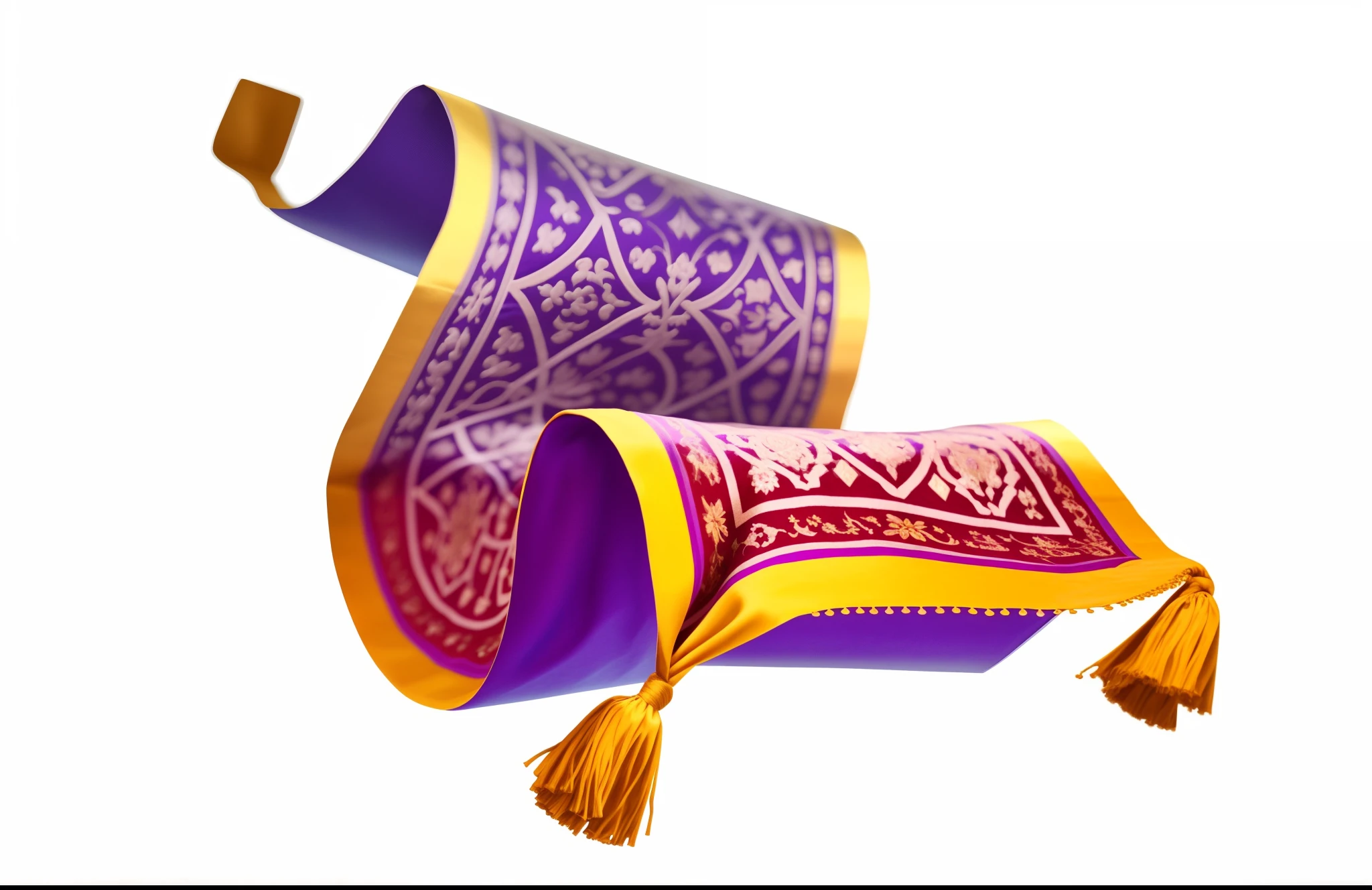 Close-up of purple and gold decorated flying carpet, silks, ornate flowing robes,game prop, detailed cloth, , Colourful, Aladdin's flying carpet