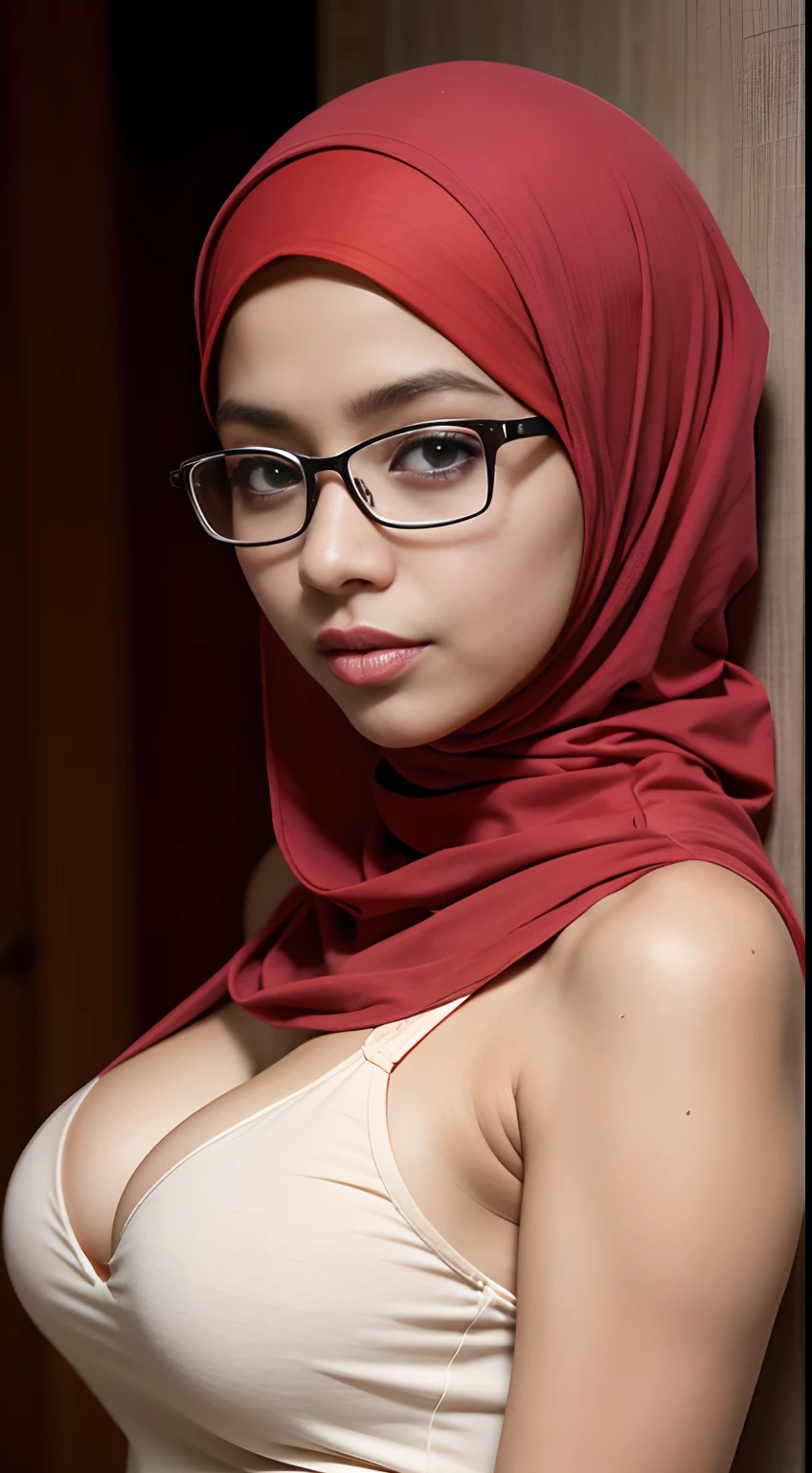 cowboy_shot,(iu:0.8),cleavage, RAW, Best quality, high resolution, Masterpiece: 1.3, Beautiful glasses pearl_skinned sexy hijabi javanese, Masterpiece, Soft smile