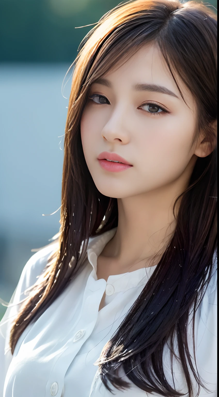 ((Best Quality, 8K, Masterpiece: 1.3)), Sharp: 1.2, Perfect Body Beauty: 1.4, Slim Abs: 1.2, ((Layered Hairstyle, Big Breasts: 1.2)), (Wet White Button Long Shirt: 1.1), (Rain, Scholl: 1.2), Wet: 1.5, Highly detailed face and skin texture, detailed eyes, double eyelids, side face looking at the camera, innocent, (Arrousted: 1.3)