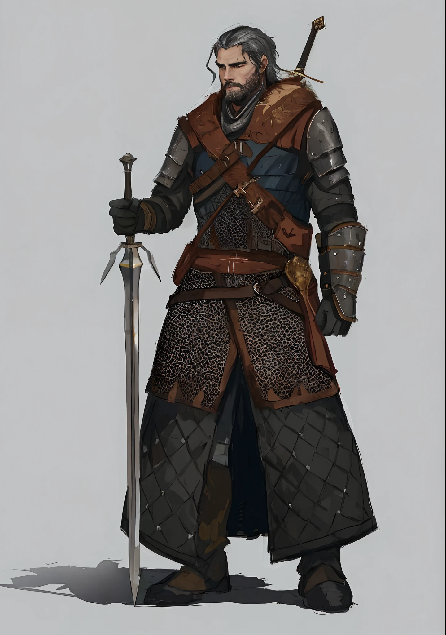 um homem de armadura segurando uma espada e uma espada, Arte conceitual de The Witcher, flowing robes and leather armor, armaduras e vestes, com uma armadura de couro leve, Armadura Conceitual, arte conceitual medieval, Arte conceitual de um guerreiro, arte conceitual detalhada de corpo inteiro, armadura de fantasia muito elegante, armadura de fantasia detalhada, armadura de fantasia pesada, armadura de couro escuro, Arte conceitual Dragon Age