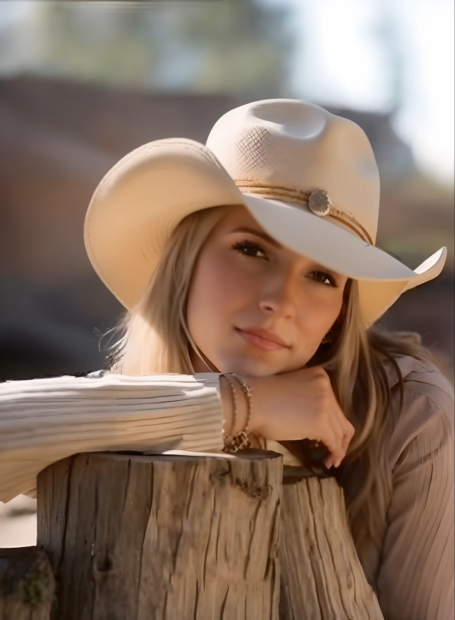 Arafed woman in a cowboy hat leaning on a tree stump, vaqueira, Cowgirl ocidental, wearing a cowboy hat, wearing cowboy hat, with straw hat, Female cowgirl, with hat, estilo campestre, 🐎🍑, cowboy hat, vaca-menina, Mulher jovem do sul, She is wearing a hat, country, wearing a cute hat, white cowboy hat