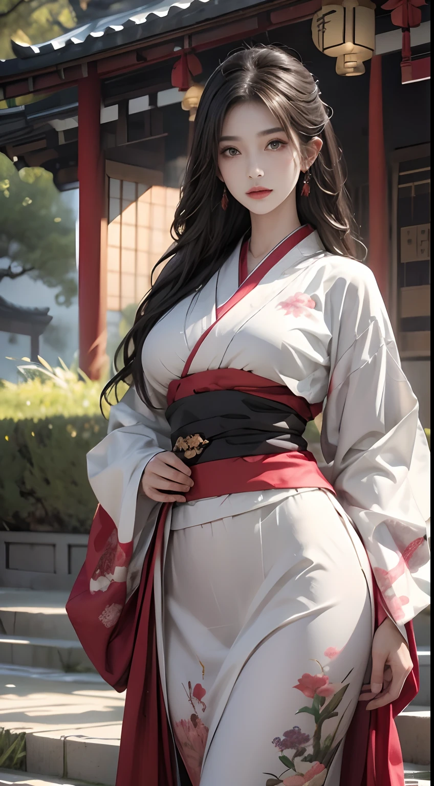 Japanese landscape、wearing kimonos、Unreal Engine:1.4,nffsw,best qualtiy:1.4, Photorealista:1.4, Skin Texture:1.4, ​masterpiece:1.8, 1 Women, hips up high, beautidful eyes, The long-haired, Kimono