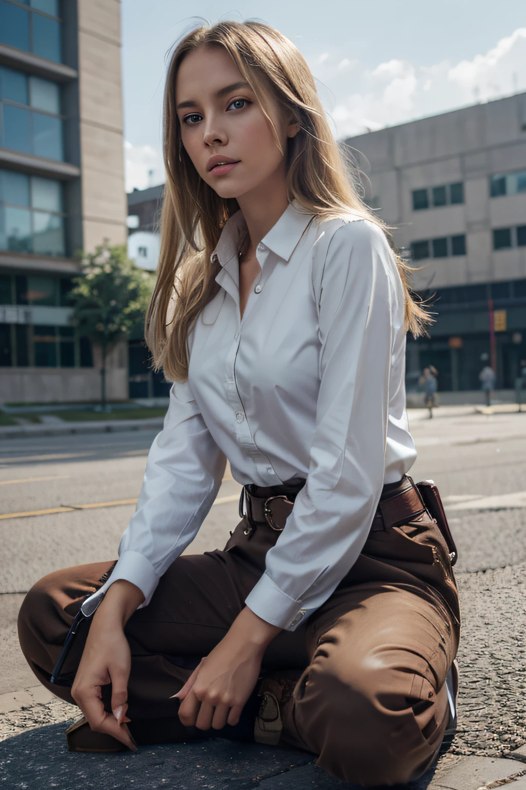 aot style, shingeki no kyojin,, , Krista Lenz,, 1girl in, Belt bag, belt buckle, Blonde hair, Blue eyes, Brown Footwear, Brown pants, buckles, Chest belt, Collared shirt, Diamond (shape), Floating hair, From Side, Body, greybackground, hair between eye, hand on own thigh, Long hair, Long sleeves, Looking Ahead, own hands together, Pants, Parted lips, Shirt, shoes, Sitting, Solo, spark of light, Star (symbol), Thigh strap, White shirt, , , ((masutepiece)), Best Quality, ,