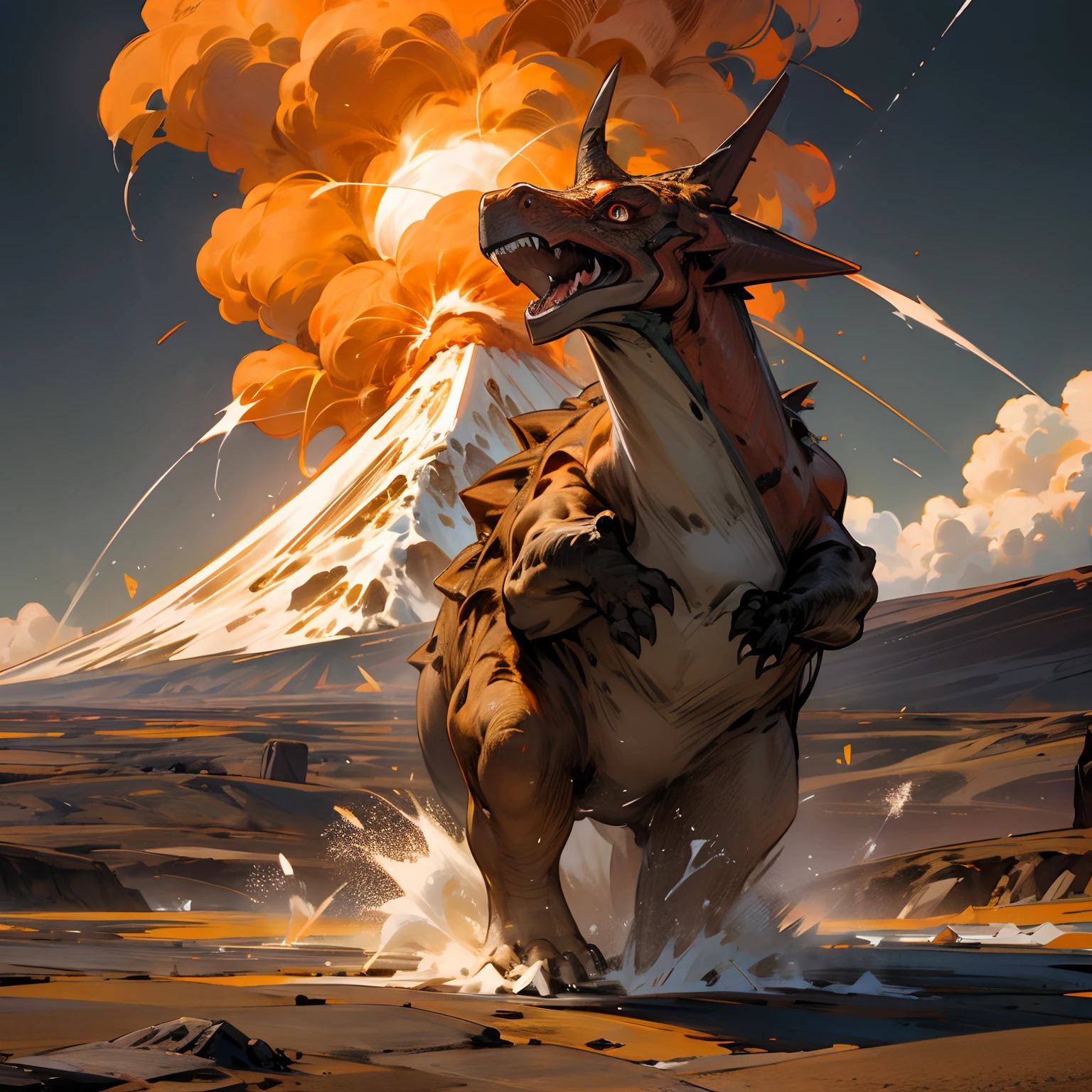 a volcano erupts，In the middle of the Great Plains，Dinosaurs run away like crazy